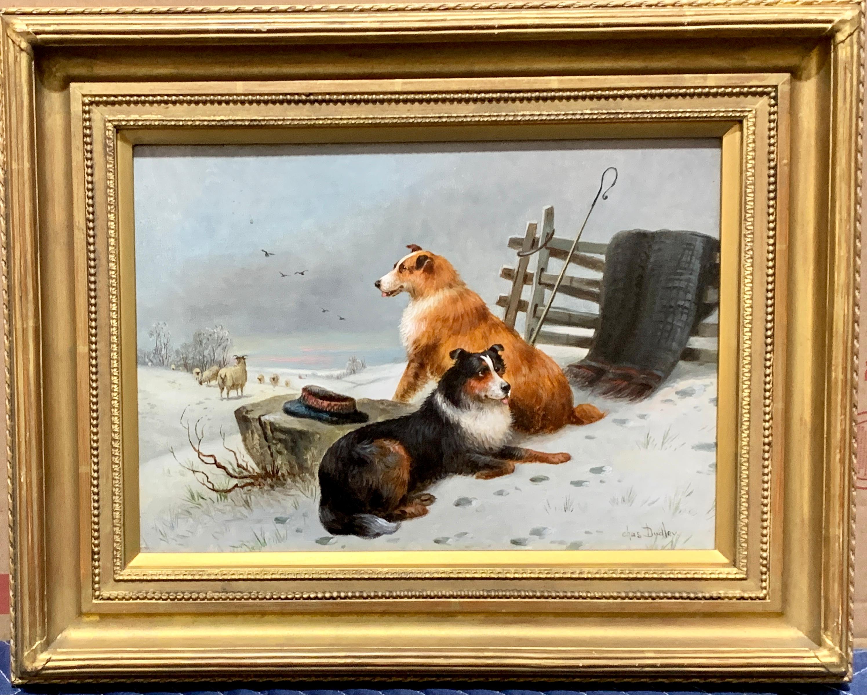 Animal Painting Charles Dudley - huile de paysage d'hiver écossais du 19ème siècle:: avec deux Border Collies et des moutons