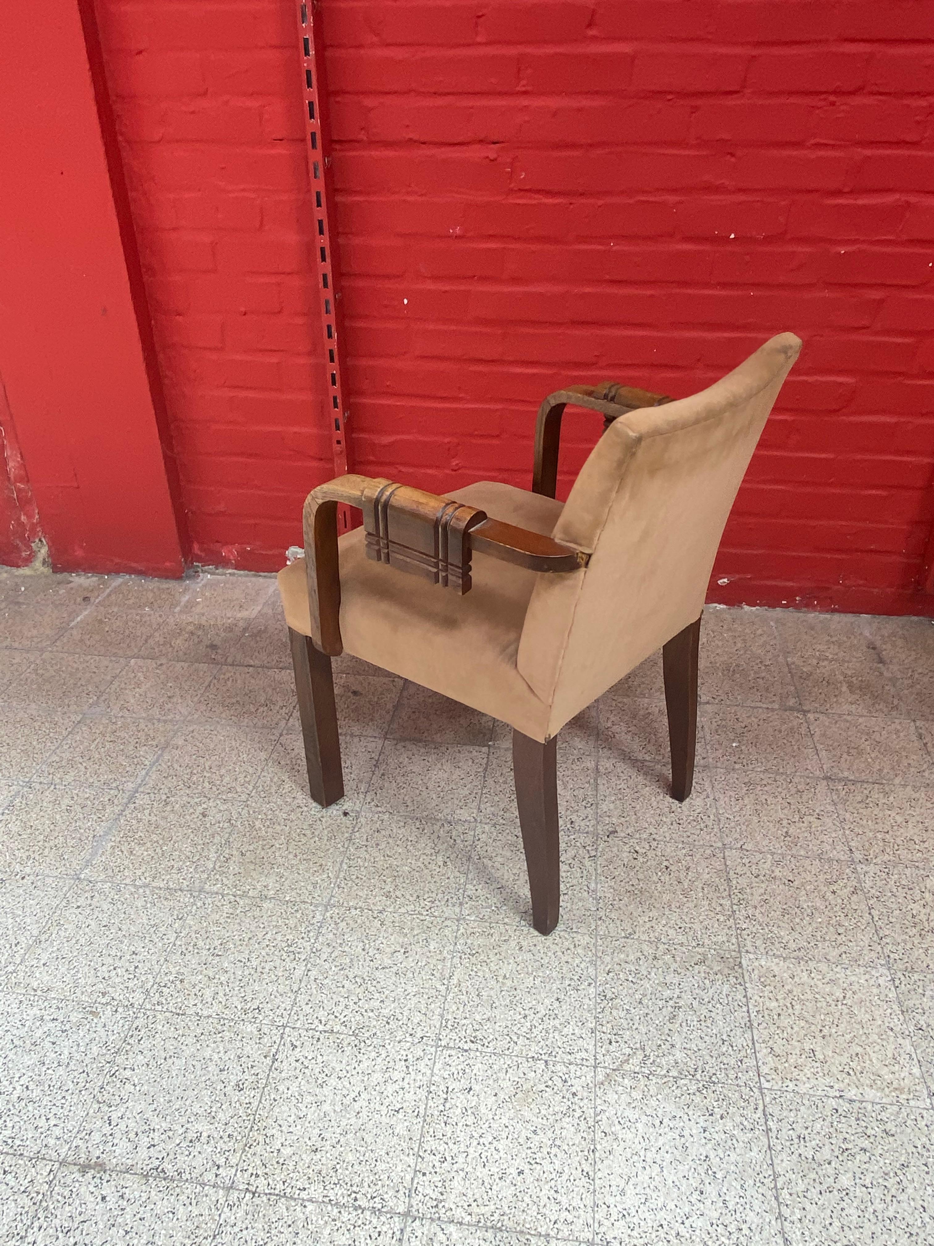 Charles Dudouyt, 2 Art Deco Oak and Leather Chairs, circa 1940 For Sale 5