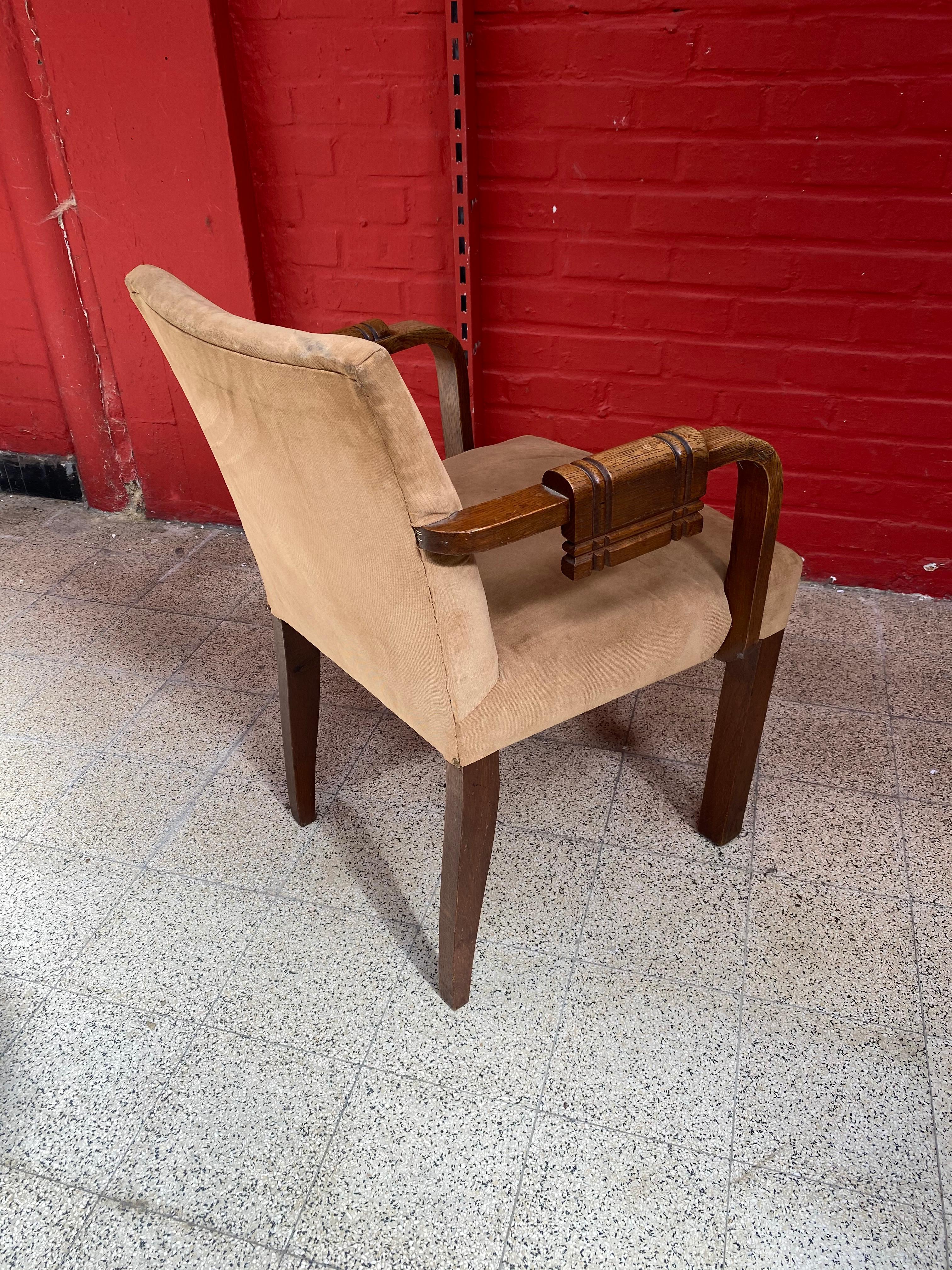 Charles Dudouyt, 2 Art Deco Oak and Leather Chairs, circa 1940 For Sale 6