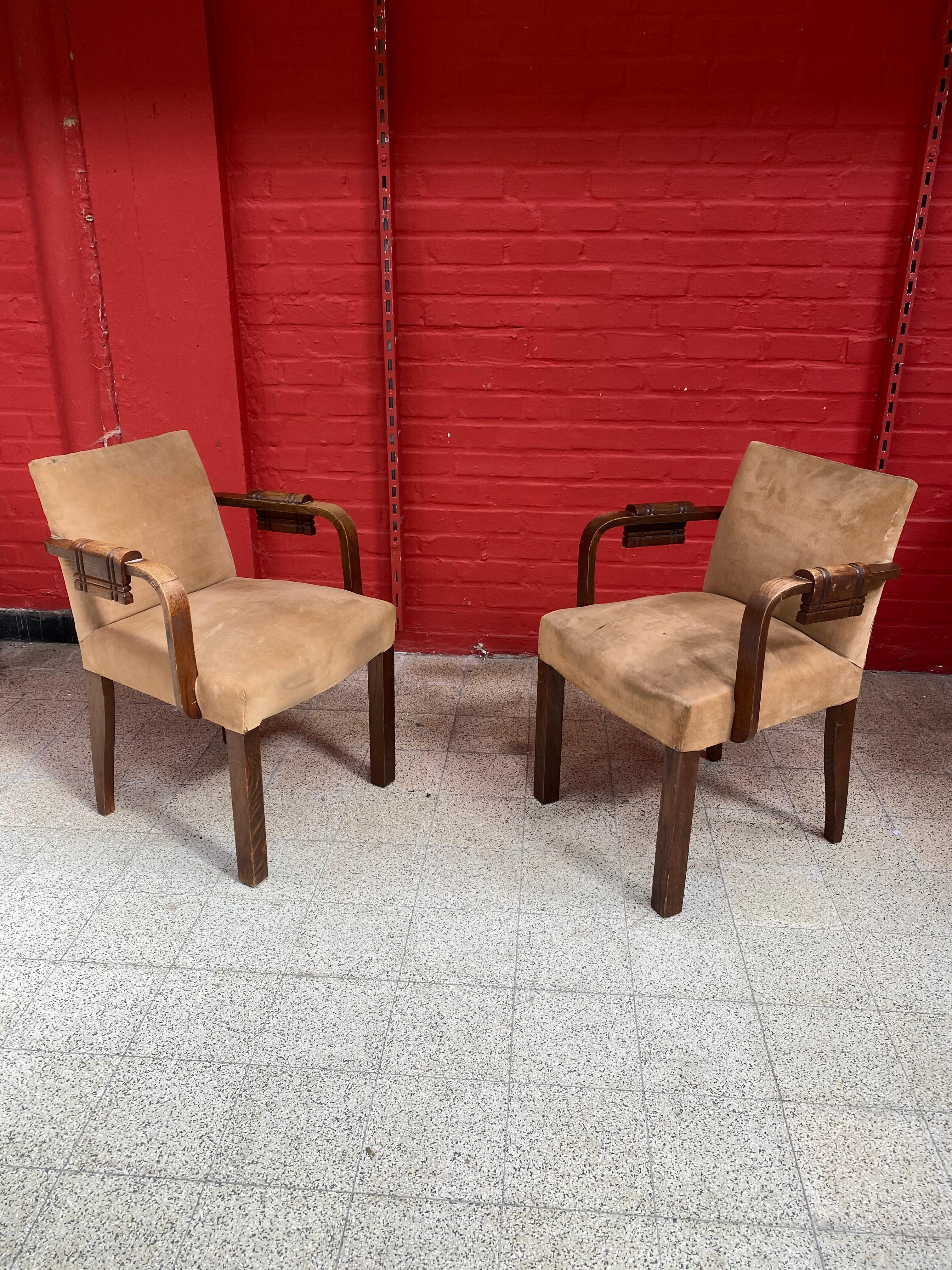 Charles Dudouyt, 2 Art Deco Oak and Leather Chairs, circa 1940 In Good Condition For Sale In Saint-Ouen, FR