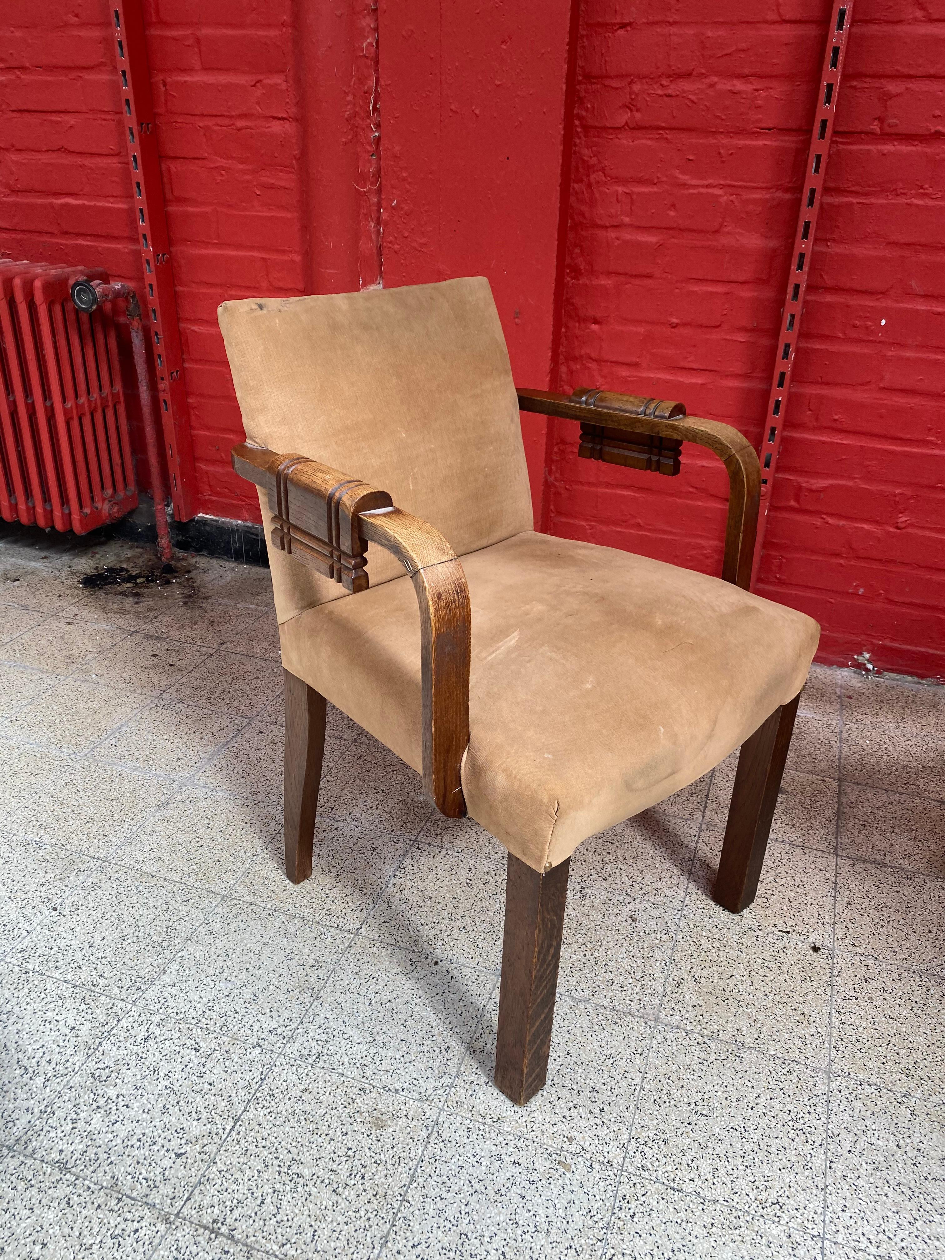 Mid-20th Century Charles Dudouyt, 2 Art Deco Oak and Leather Chairs, circa 1940 For Sale