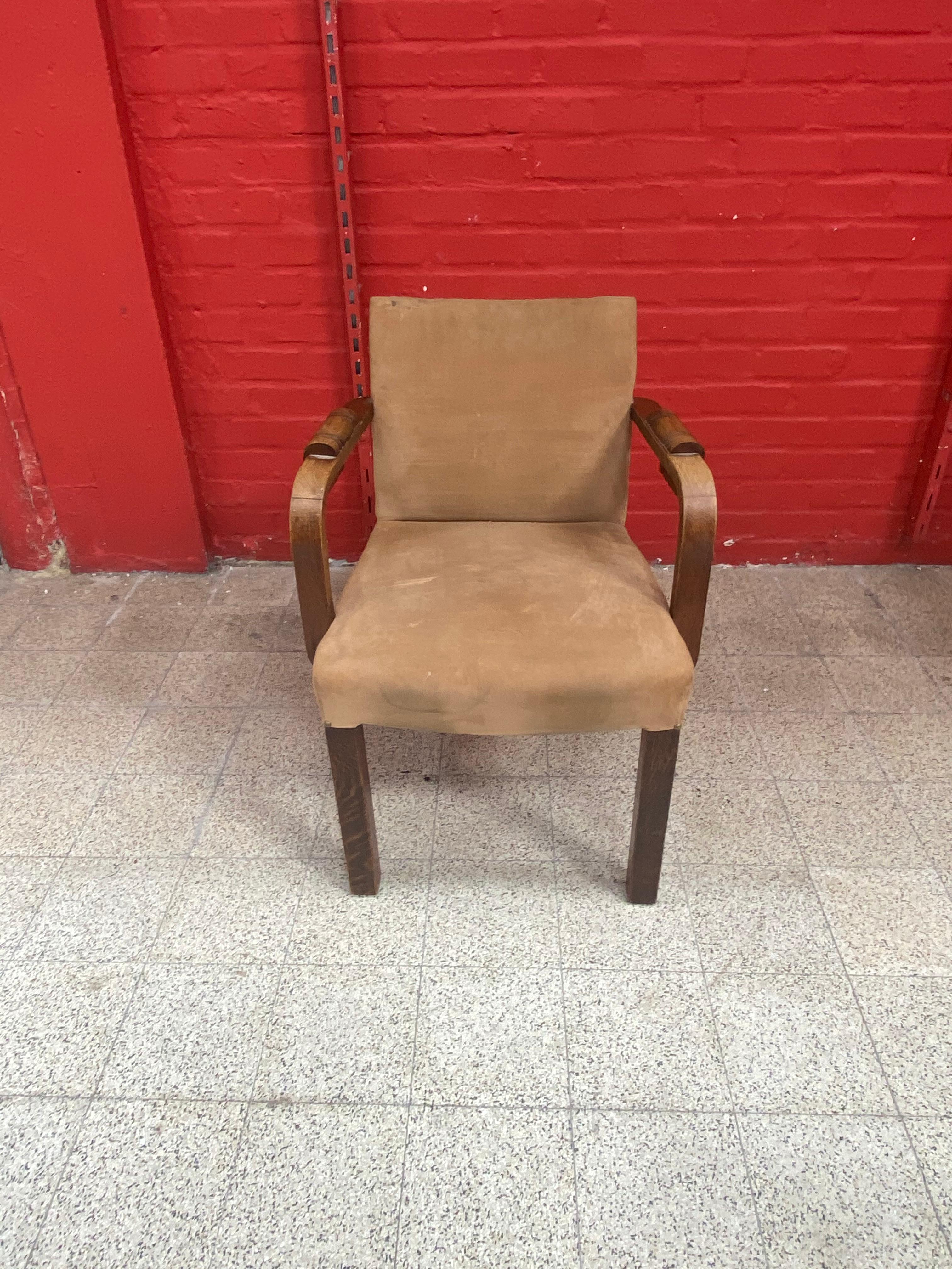 Charles Dudouyt, 2 Art Deco Oak and Leather Chairs, circa 1940 For Sale 1