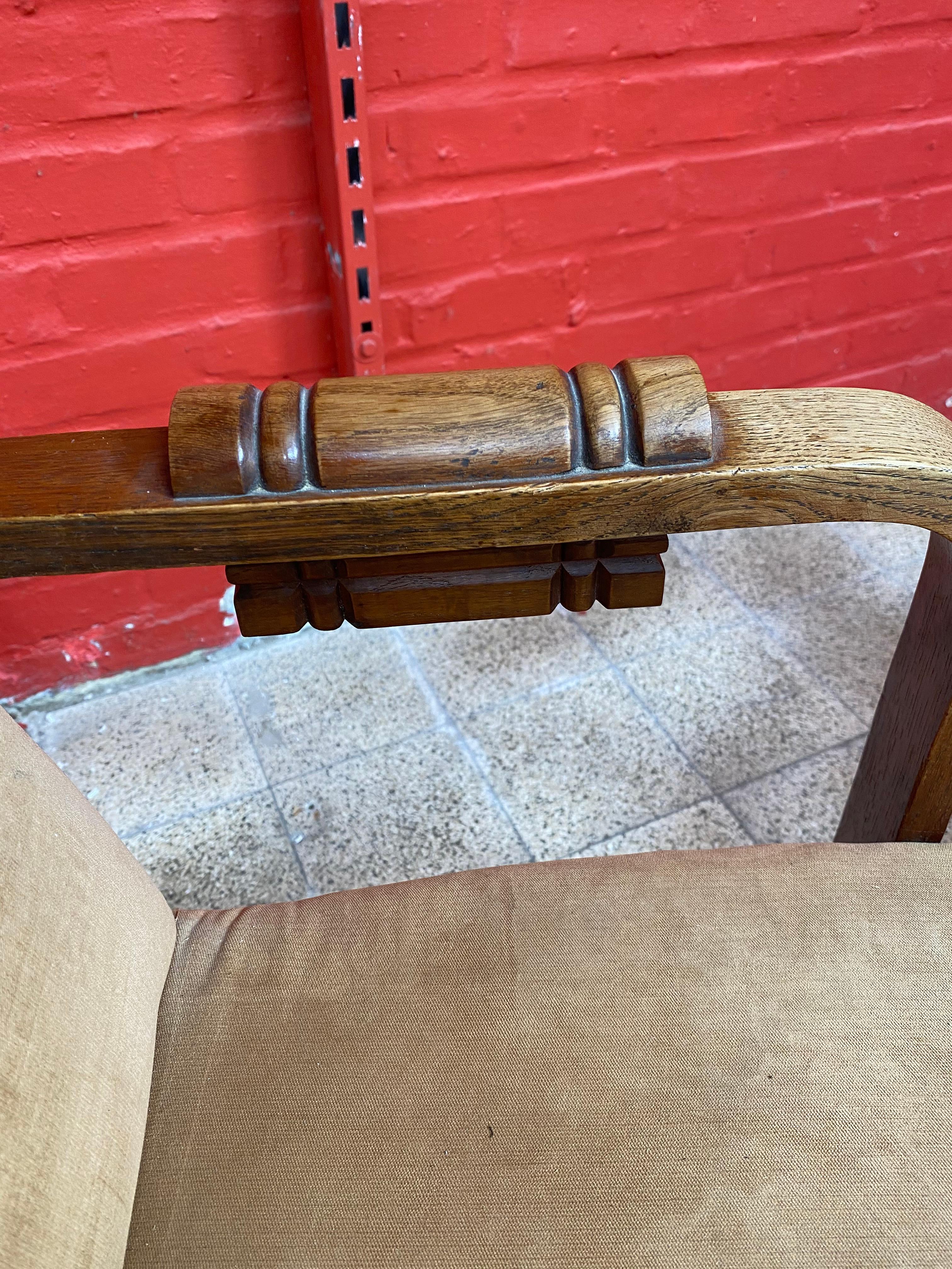 Charles Dudouyt, 2 Art Deco Oak and Leather Chairs, circa 1940 For Sale 2