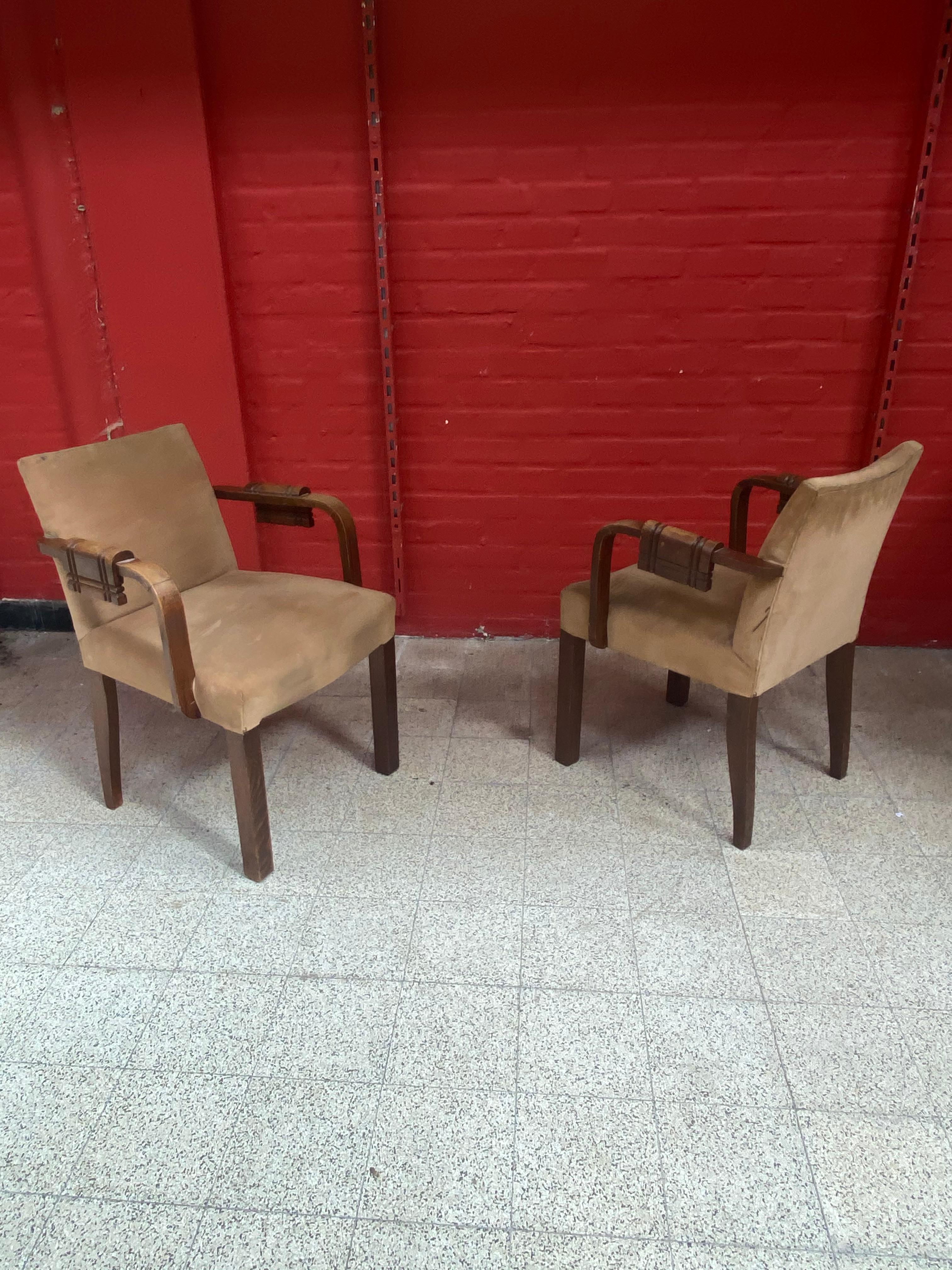 Charles Dudouyt, 2 Art Deco Oak and Leather Chairs, circa 1940 For Sale 3