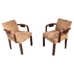 Charles Dudouyt, 2 Art Deco Oak and Leather Chairs, circa 1940