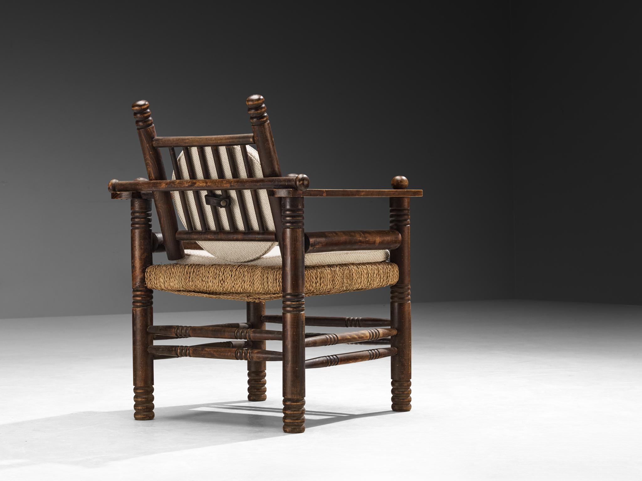 Paille Fauteuil Art Déco Charles Dudouyt en jonc et Wood en vente
