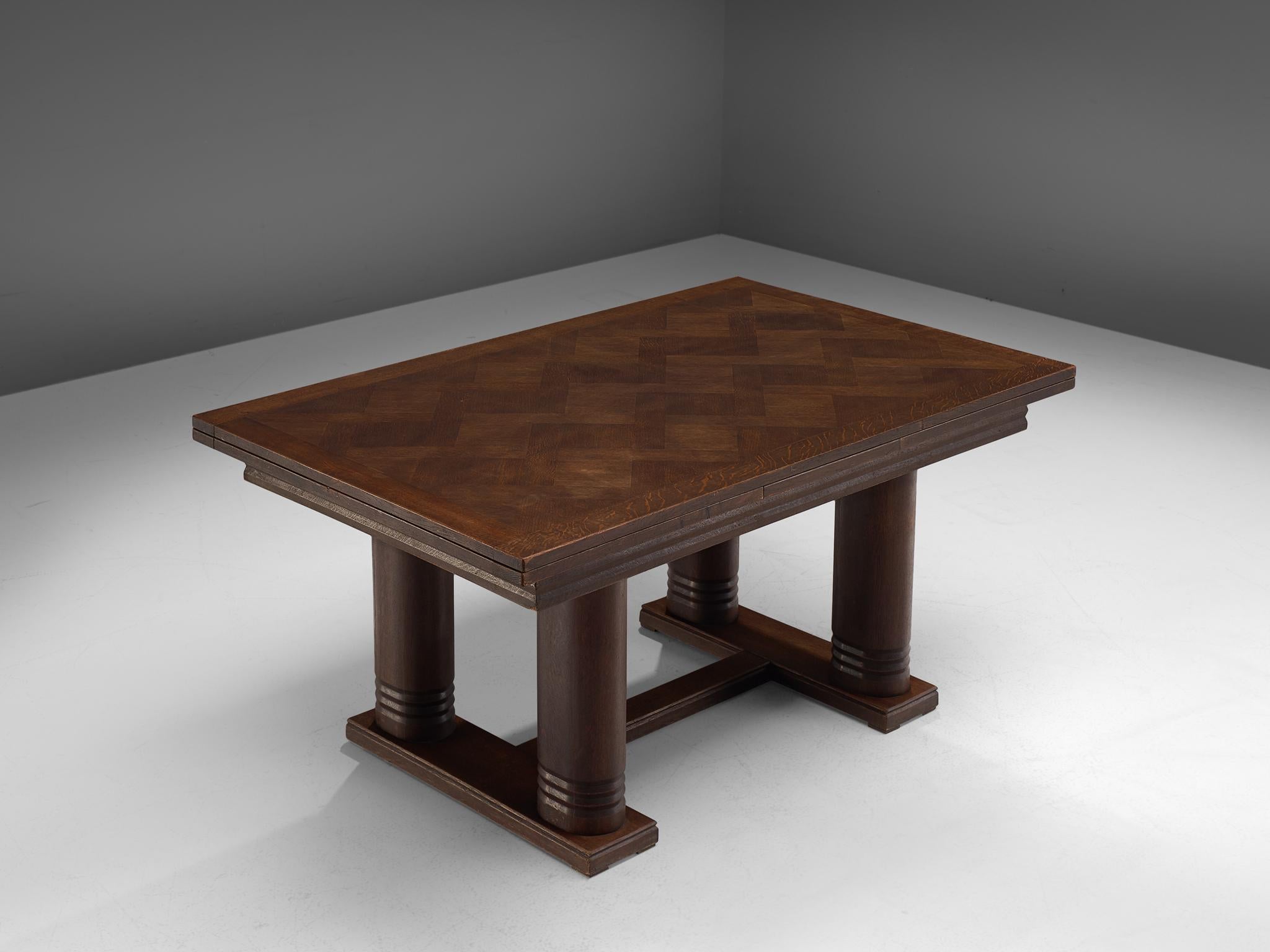 Mid-20th Century Charles Dudouyt Art Deco Extendable Dining Table in Stained Oak  For Sale