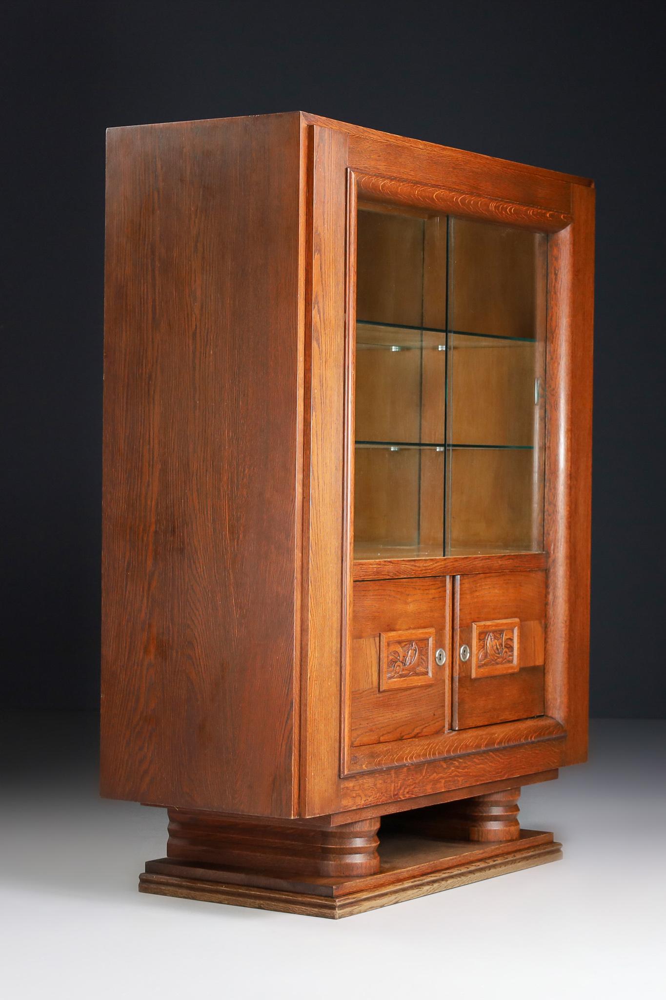 Mid-20th Century Charles Dudouyt Art Deco Glazed Cabinet in Oak, France, 1940s For Sale