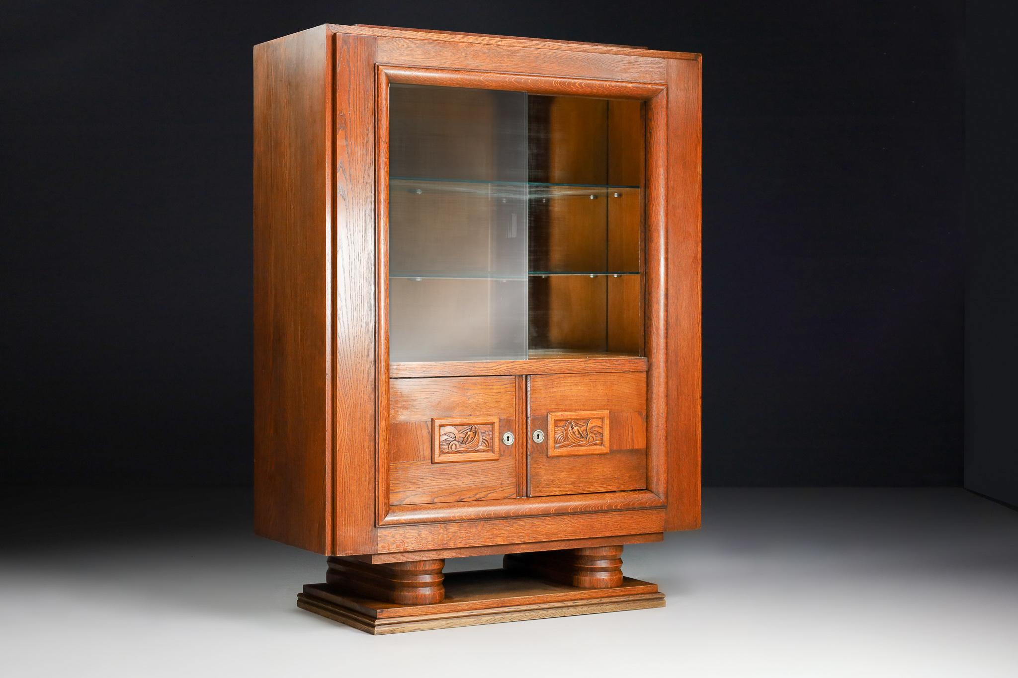 Charles Dudouyt Art Deco Glazed Cabinet in Oak, France, 1940s For Sale 1