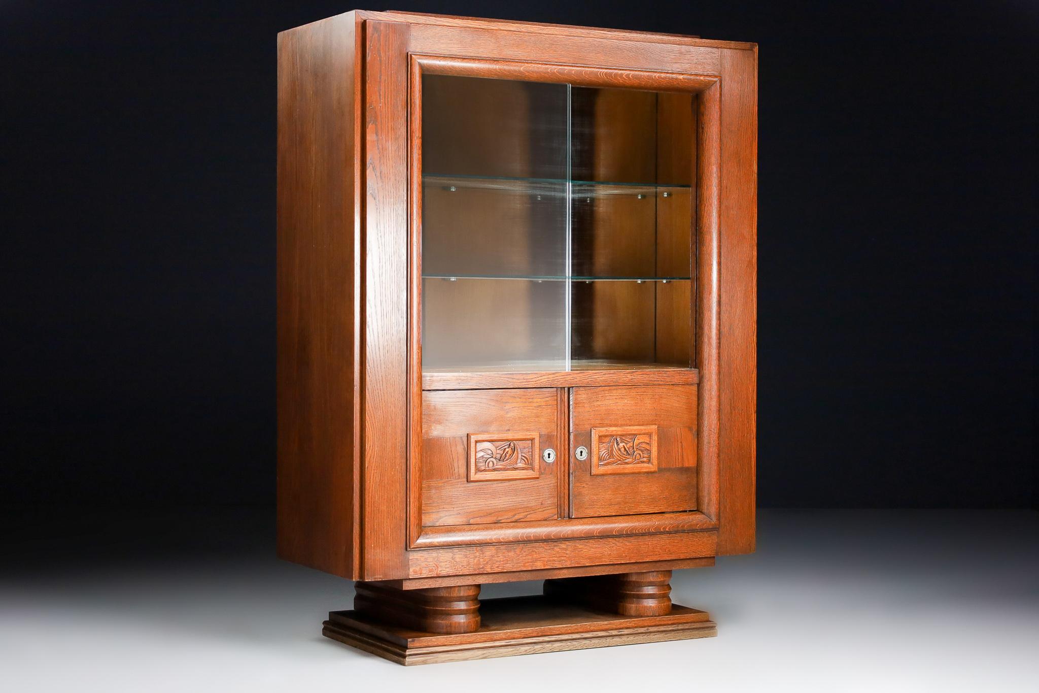 Charles Dudouyt Art Deco Glazed Cabinet in Oak, France, 1940s For Sale 3