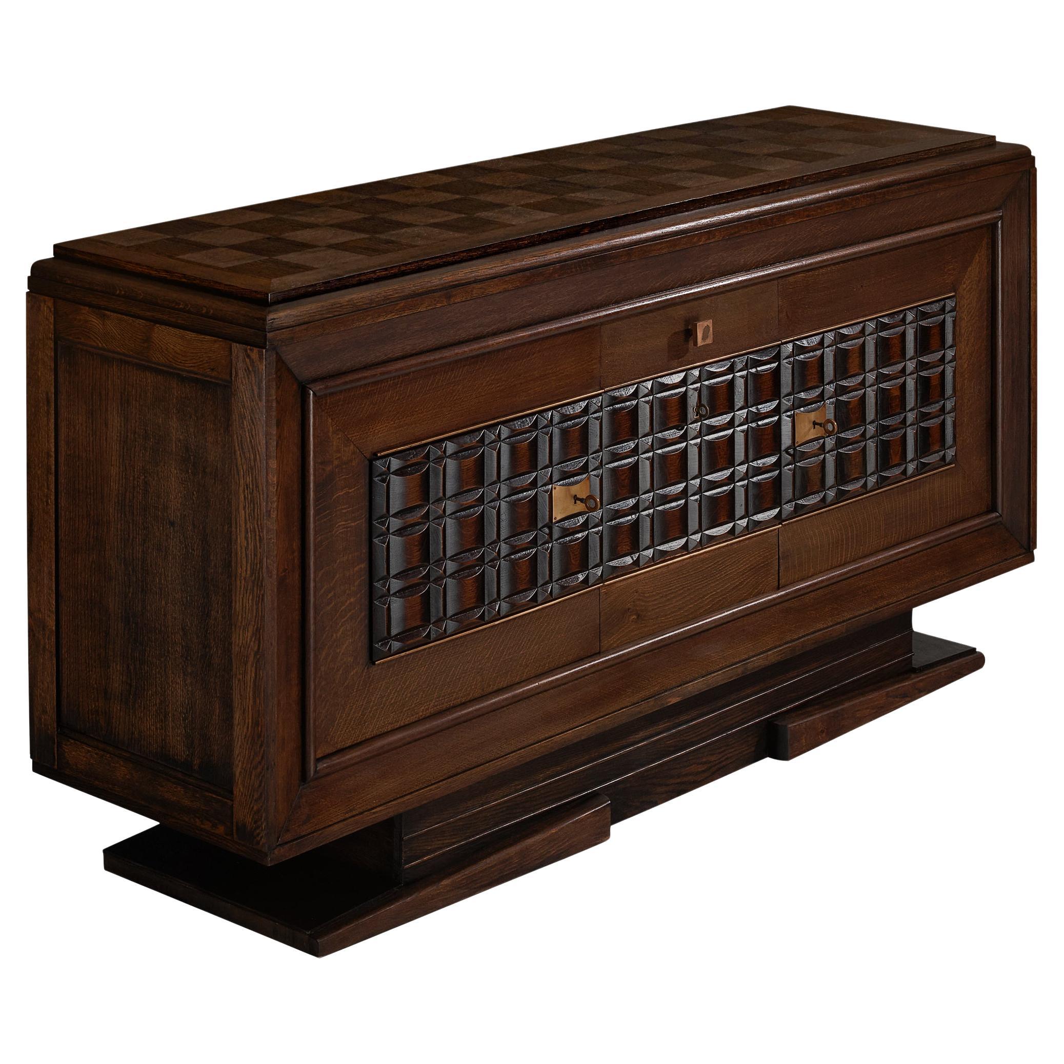 Charles Dudouyt Art Deco Sideboard in Darkened Oak With Copper Details For Sale
