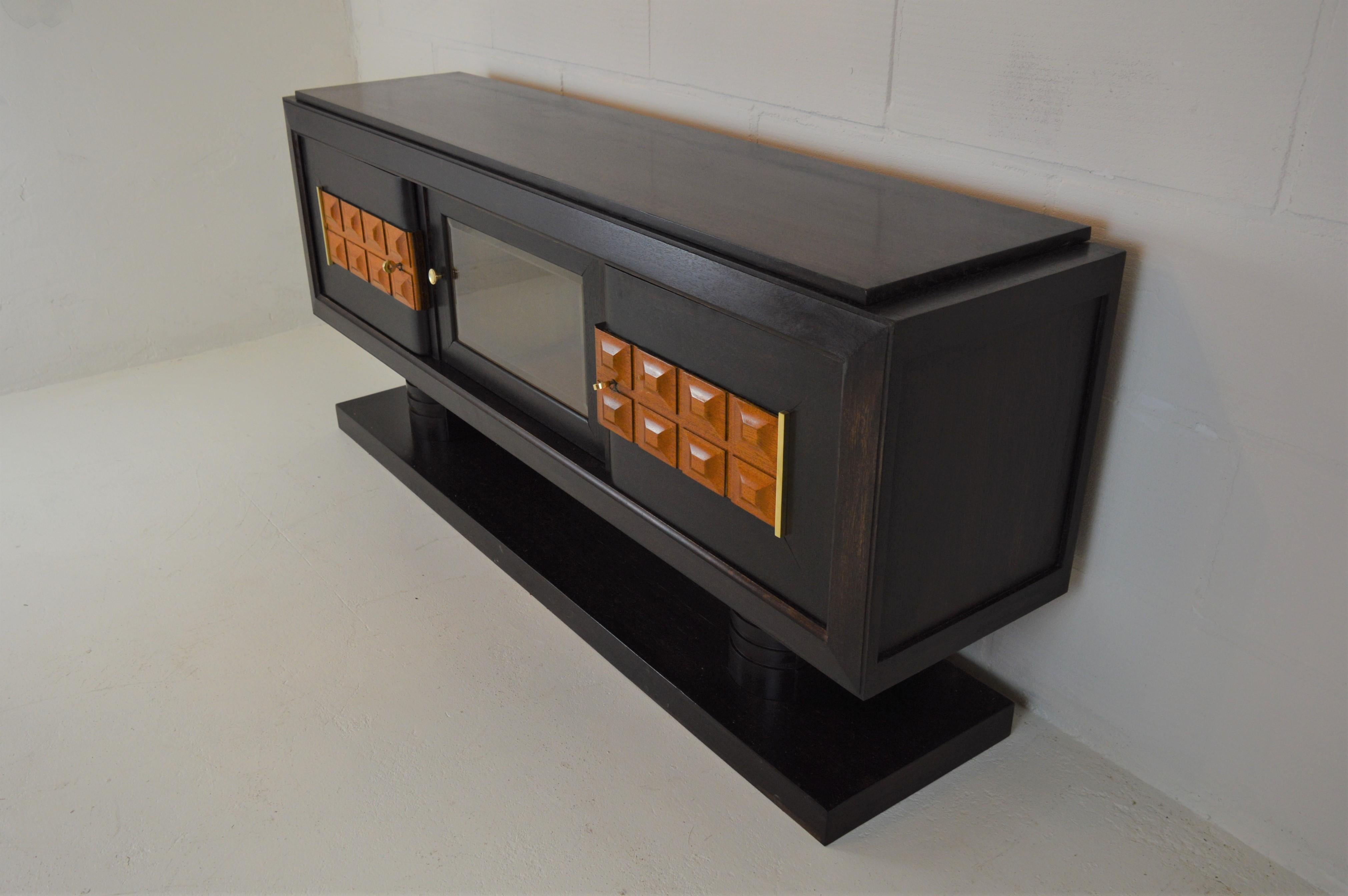French Charles Dudouyt Art Deco Sideboard in Darkstained Oak with Vitrine Compartment