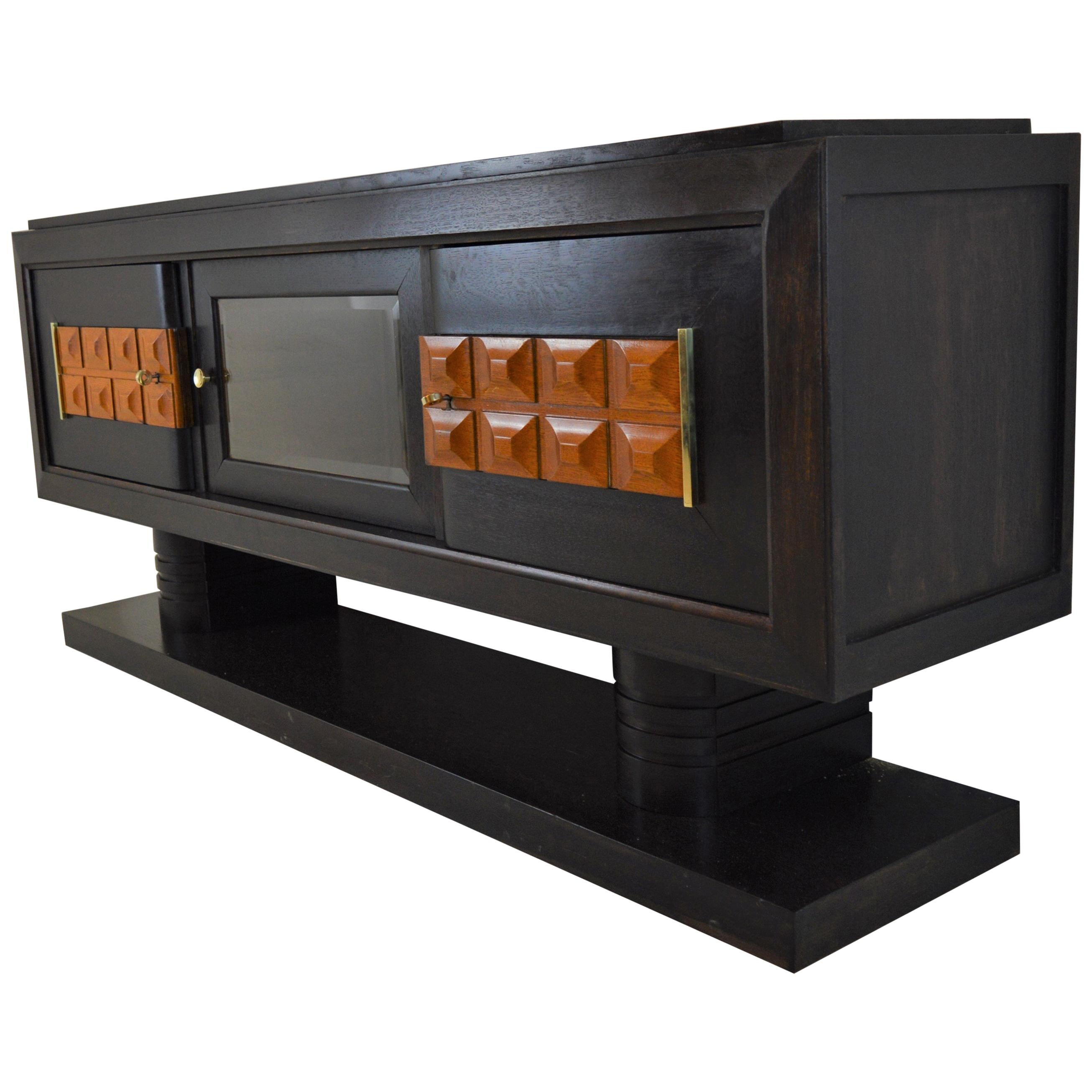 Charles Dudouyt Art Deco Sideboard in Darkstained Oak with Vitrine Compartment