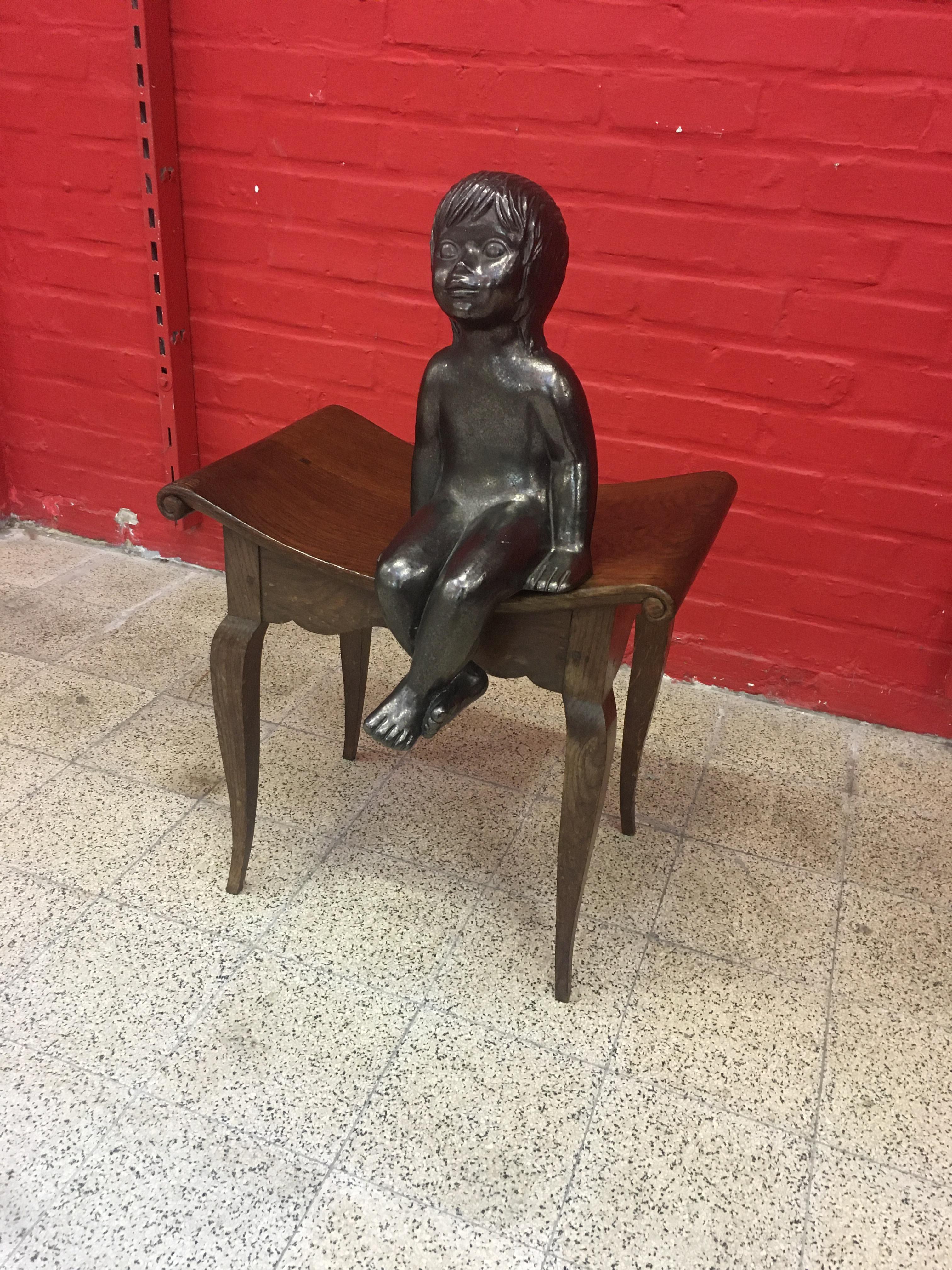 Charles Dudouyt, Art-Dco-Hocker aus Eiche, um 1935, signiert im Angebot 4