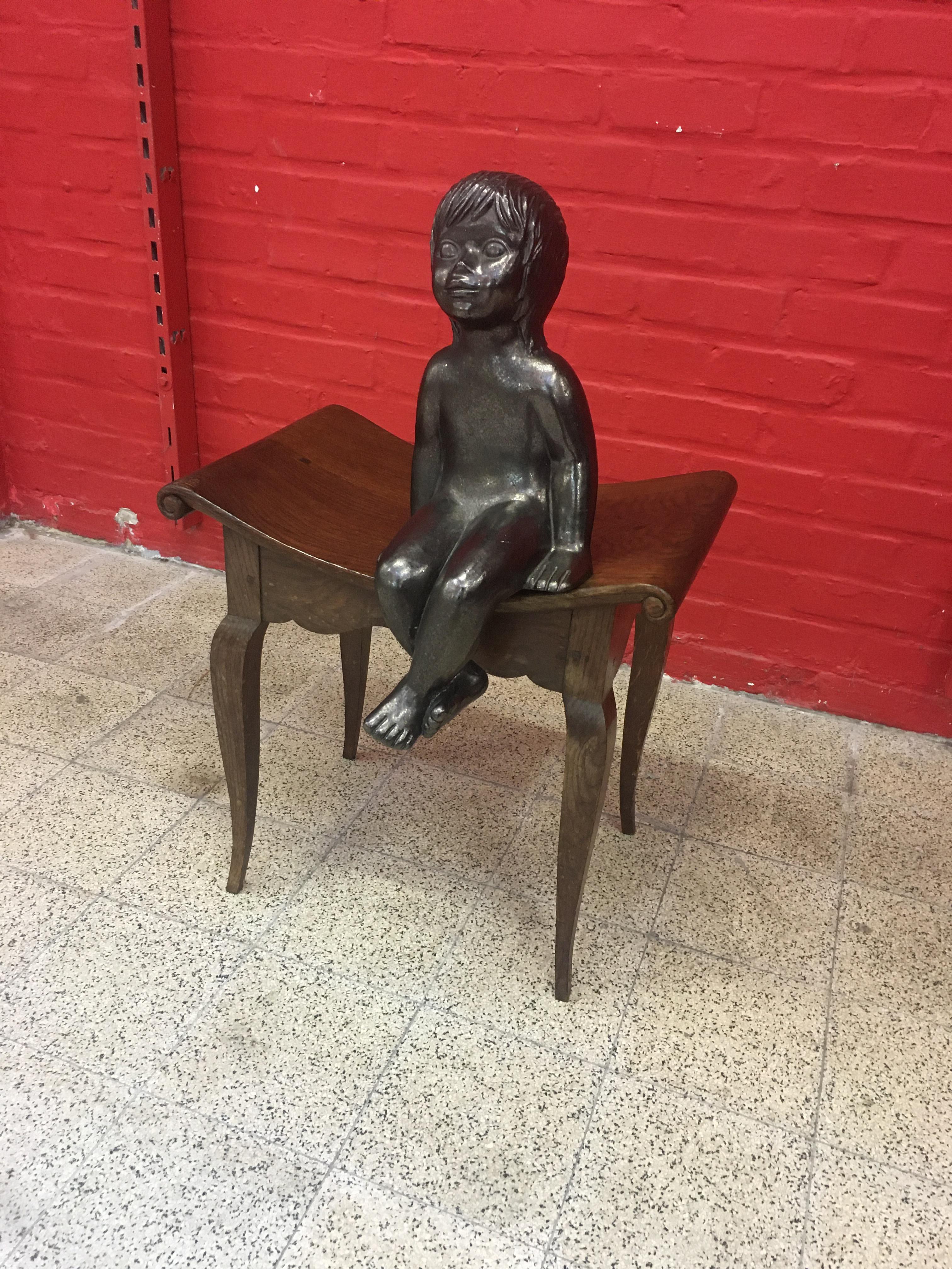 Charles Dudouyt, Art Deco Stool in Oak circa 1935, Signed For Sale 6