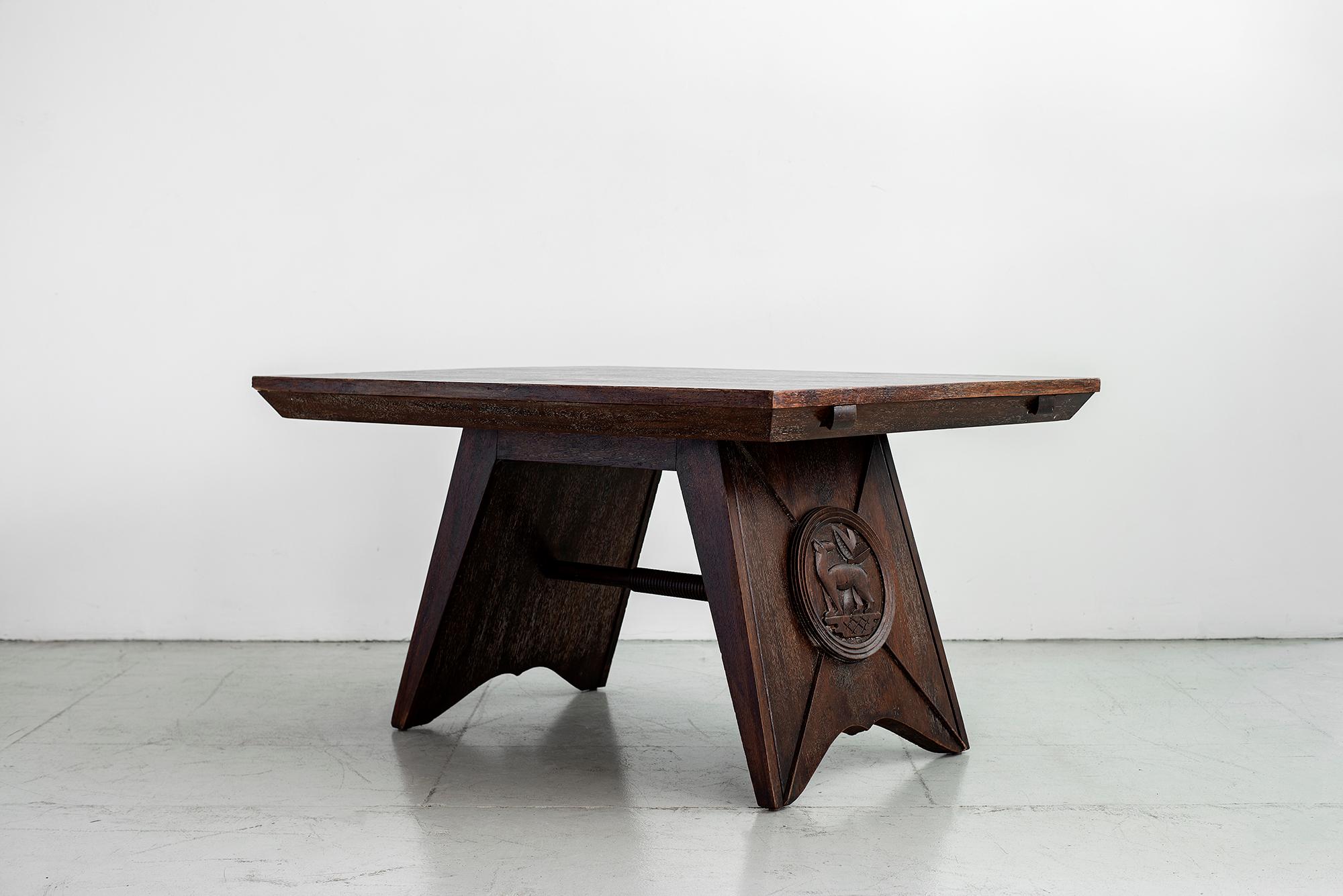 Cerused oak dining table attributed to Charles Dudouyt, circa 1940s.
Hand carved with incredible lines and detail. 

 