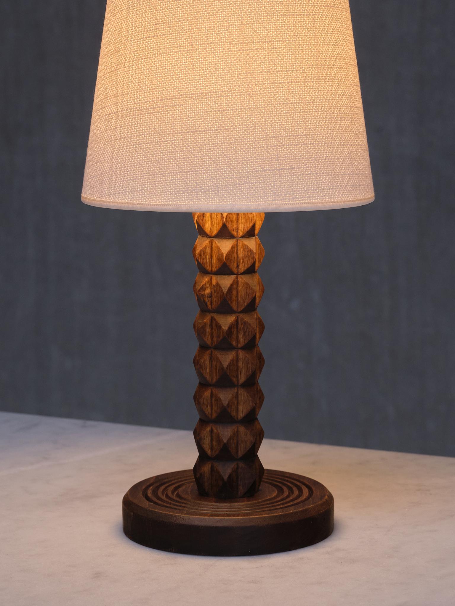 French Charles Dudouyt Attributed Table Lamp in Oak with Ivory Shade, France, 1950s For Sale