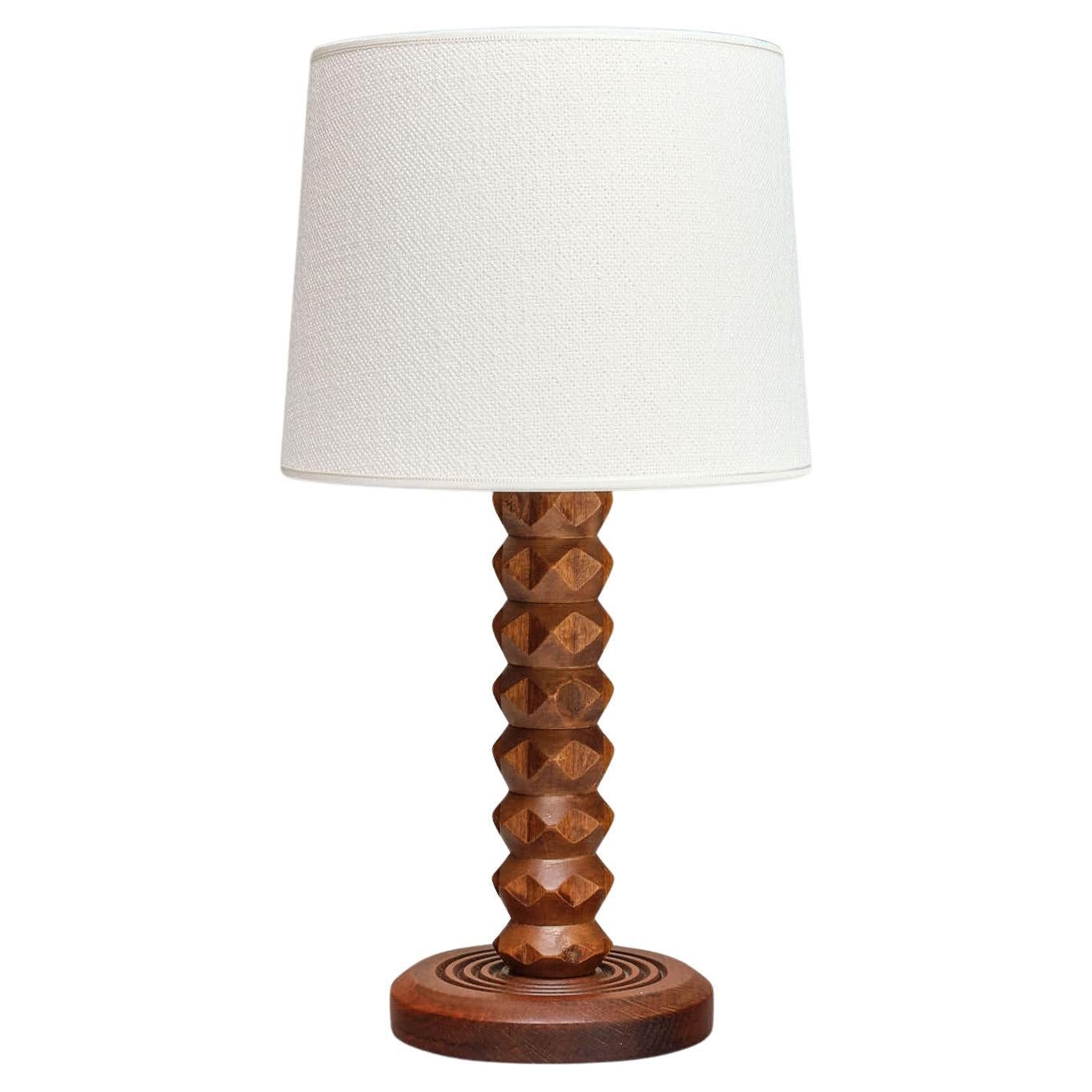 Charles Dudouyt Attributed Table Lamp in Oak with Ivory Shade, France, 1950s