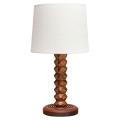 Charles Dudouyt Attributed Table Lamp in Oak with Ivory Shade, France, 1950s