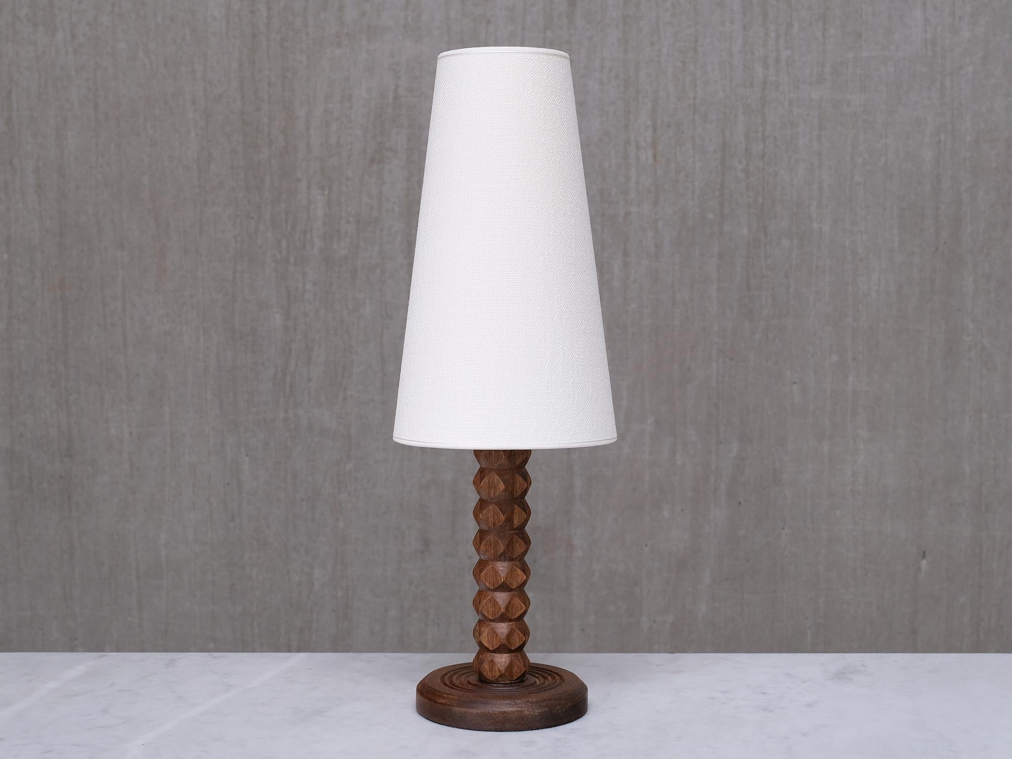Charles Dudouyt Attributed Table Lamp, Oak with Tapered Shade, France, 1950s en vente 3