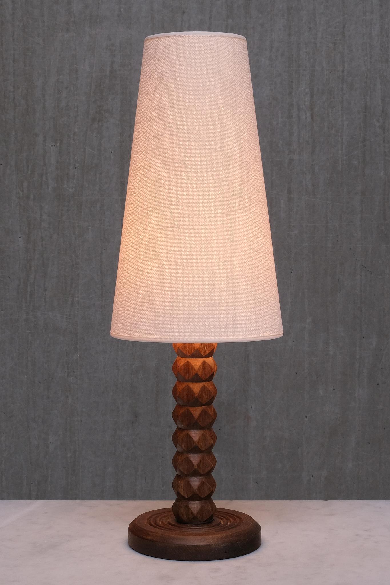 Tissu Charles Dudouyt Attributed Table Lamp, Oak with Tapered Shade, France, 1950s en vente