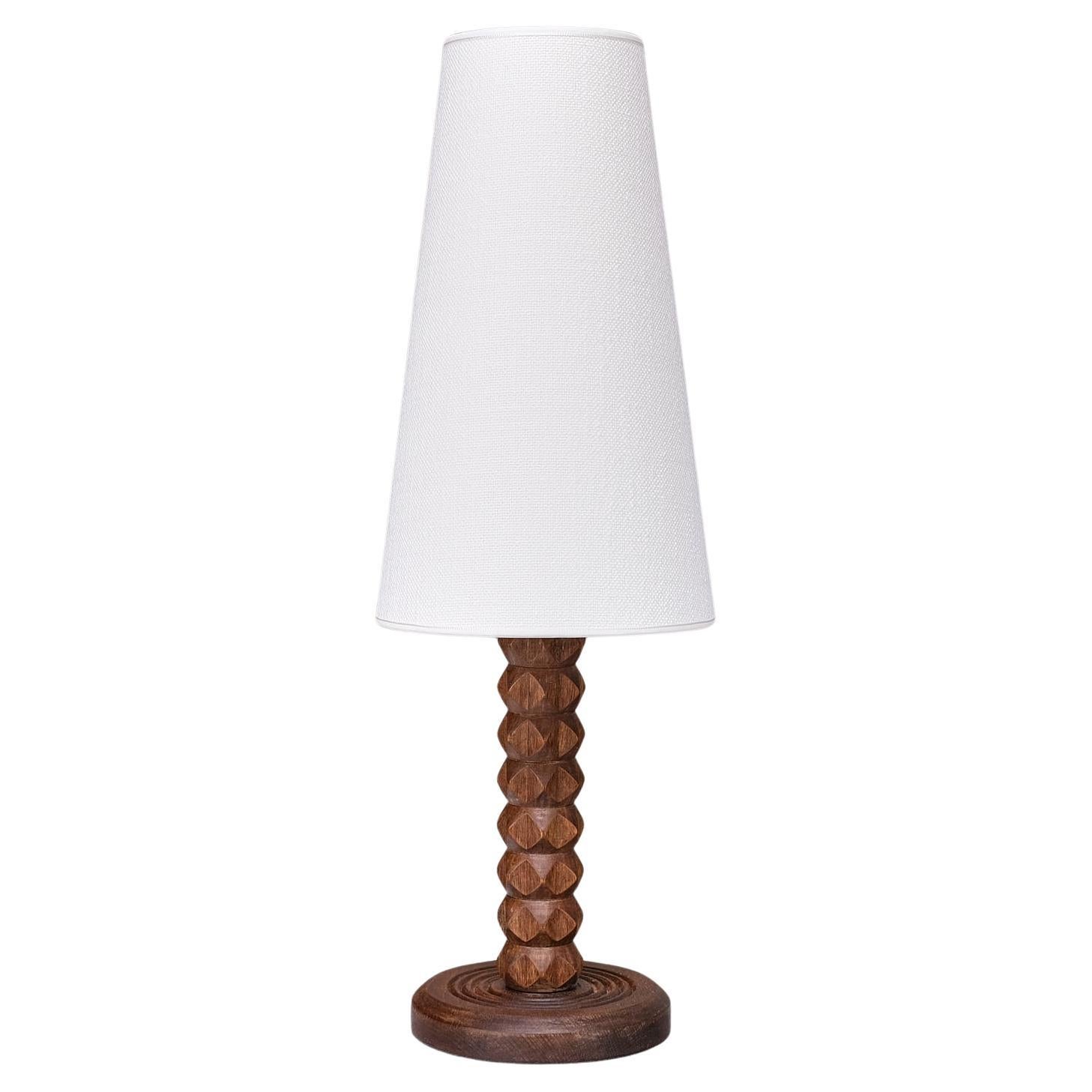 Charles Dudouyt Attributed Table Lamp, Oak with Tapered Shade, France, 1950s
