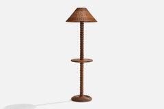Charles Dudouyt Attribution, Floor Lamp, Oak, Rattan, France, 1940s
