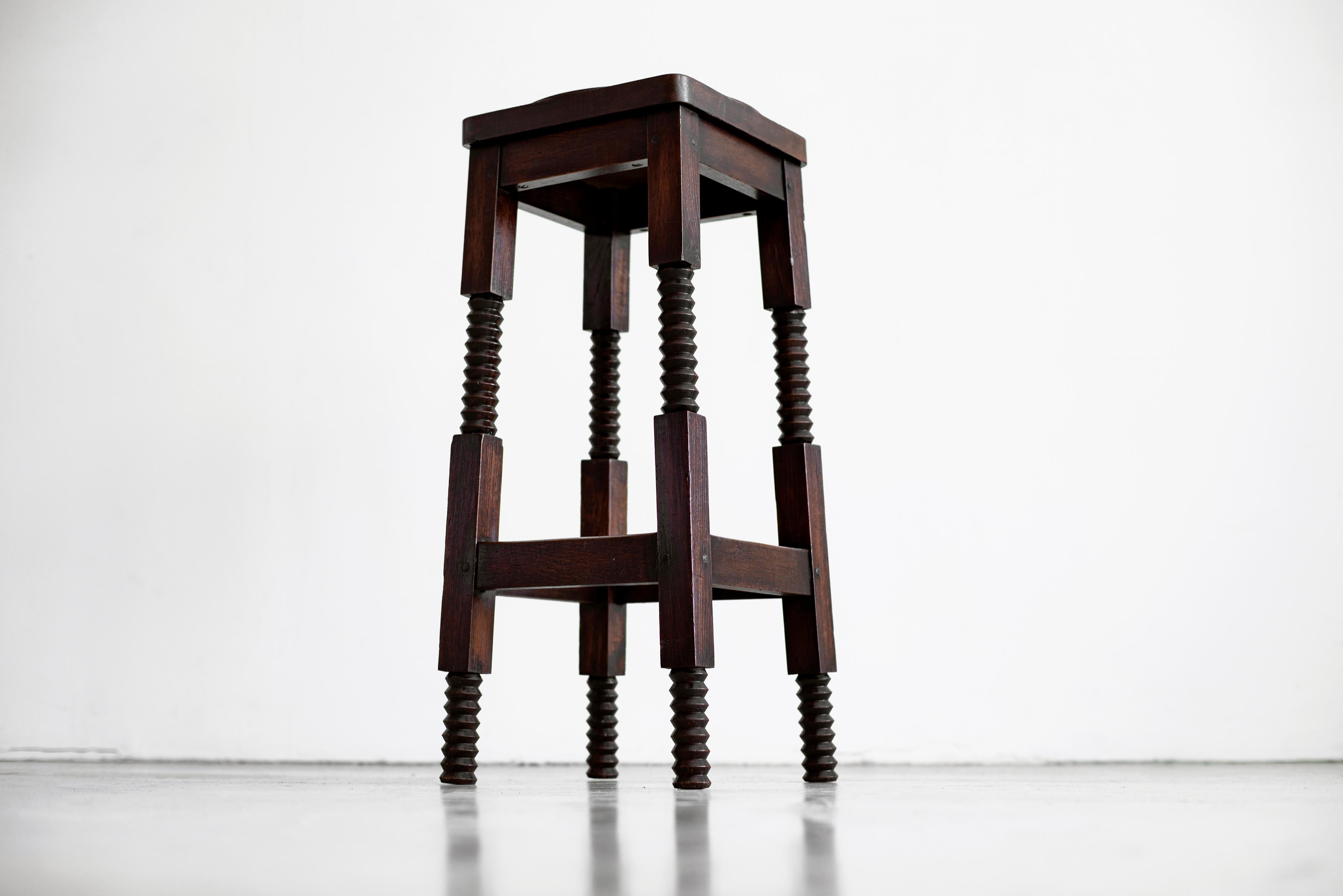 Fantastic pair of rare barstools by Charles Dudouyt.
Signature corkscrew carved legs and concave square seat.
Wonderful patina.
   