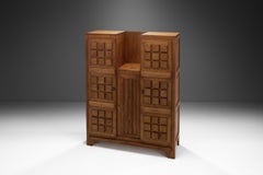 Charles Dudouyt Carved Oak Highboard with Brass Keys, France 1950s