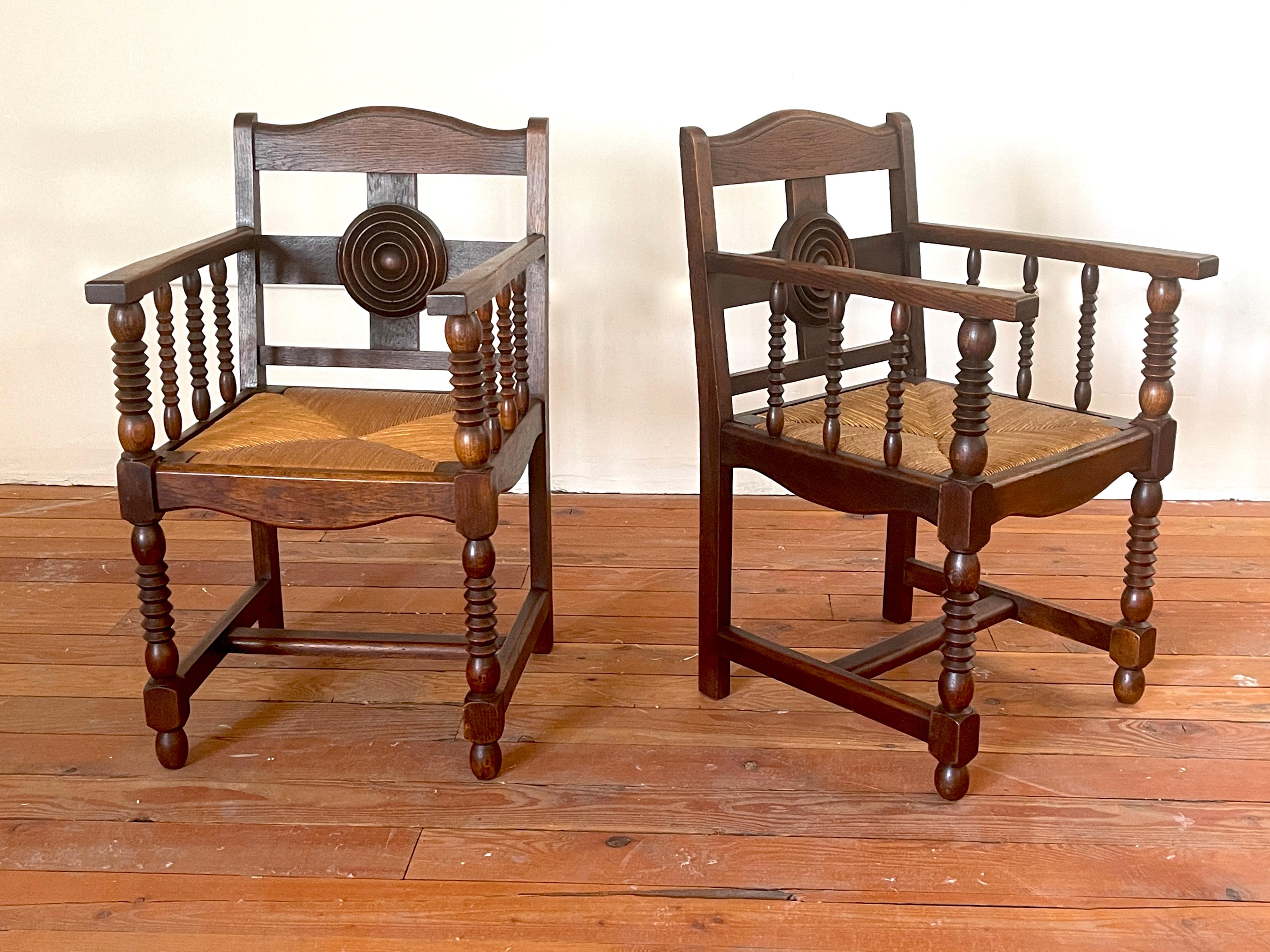 Handsome pair of charles Dudouyt chairs with carved seat backs and signature ornate corkscrew legs.
Great pair!