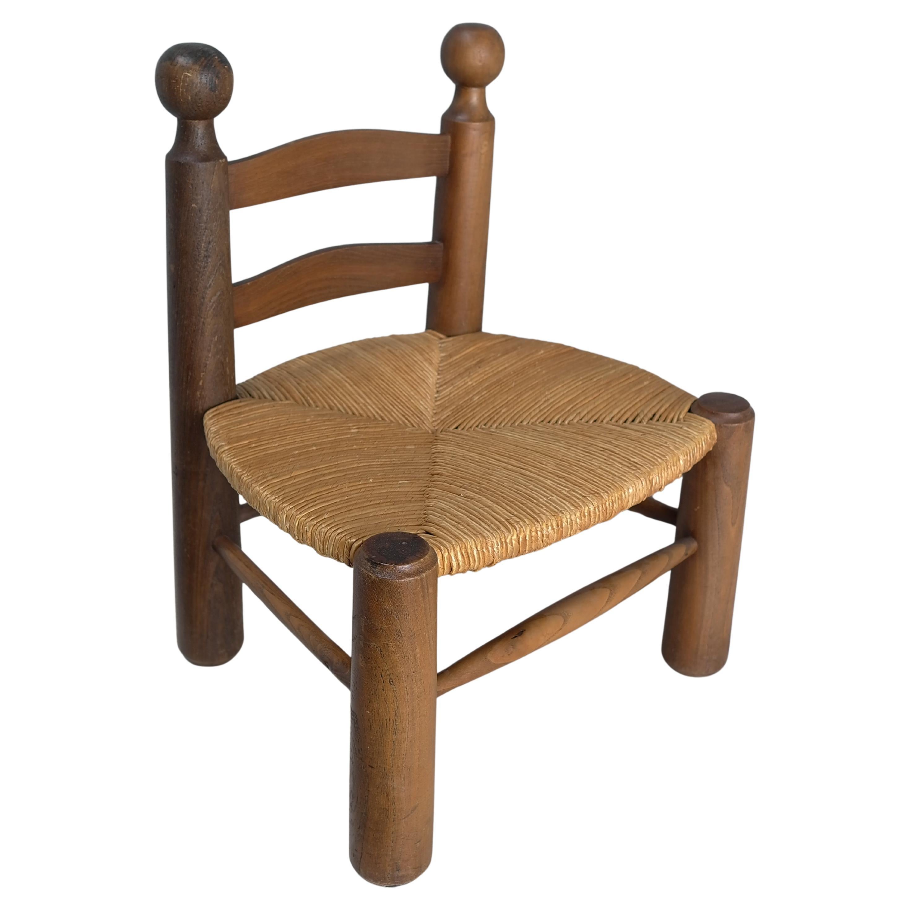 Charles Dudouyt "Chaise Basse" Solid Oak and Rush Low Chair, France 1950's