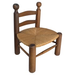 Charles Dudouyt "Chaise Basse" Solid Oak and Rush Low Chair, France 1950's