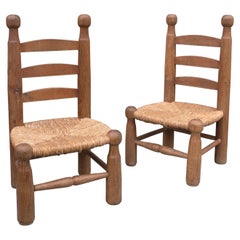 Charles Dudouyt "Chaises Basses" Solid Oak and Rush Low Chairs, France 1950's