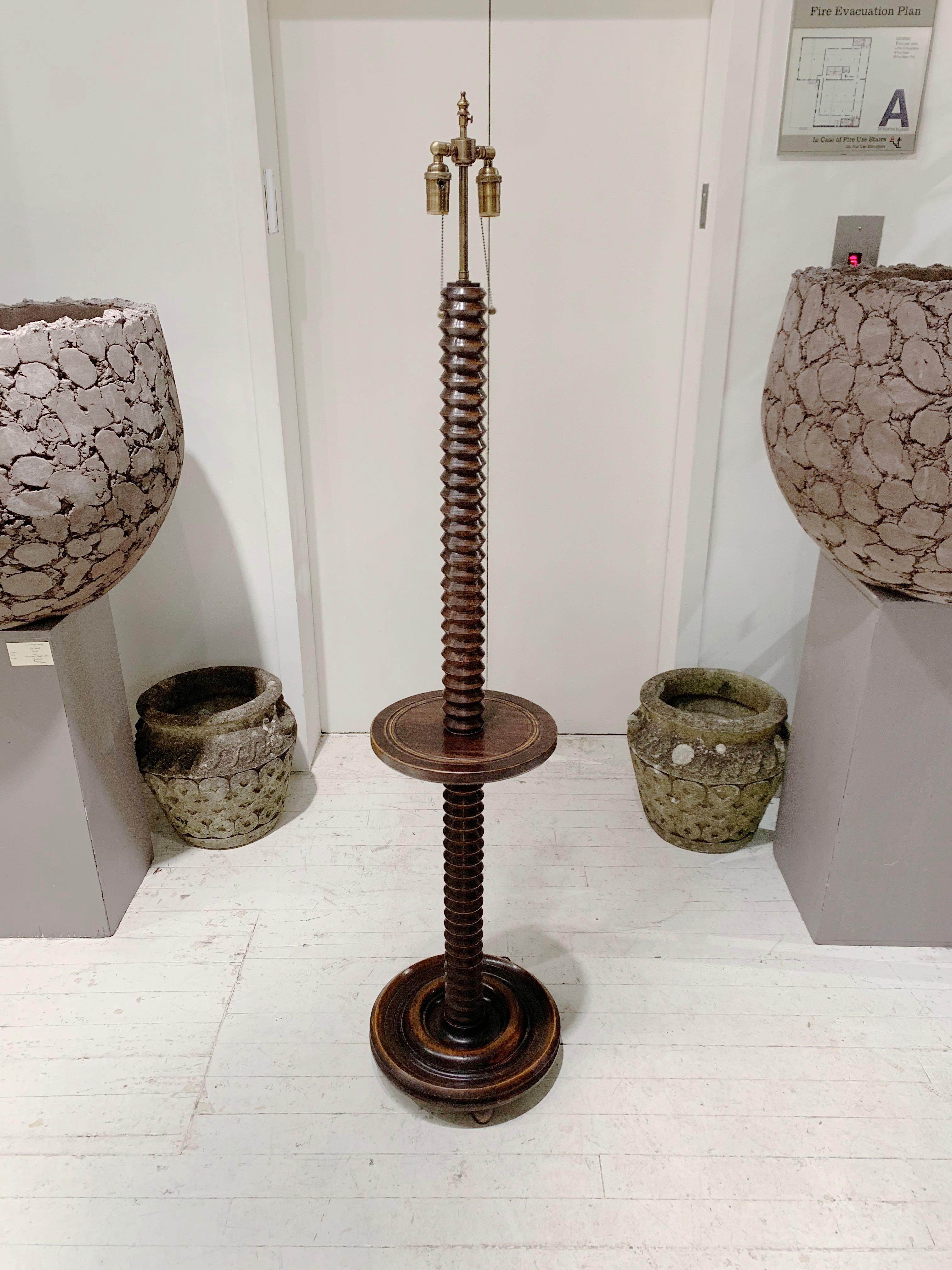 Charles Dudouyt Dark Brown Spiral Textured Floor Lamp with Table, France, 1940s In Good Condition In New York, NY