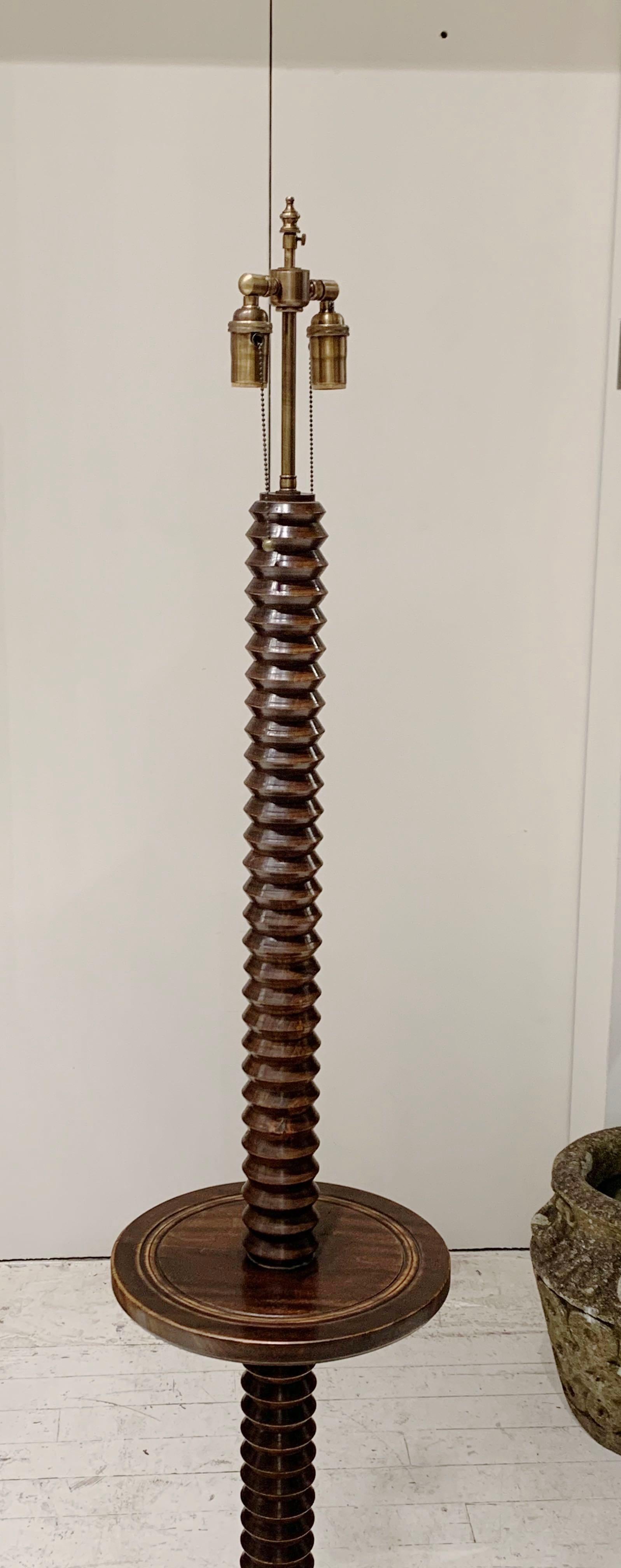 Hardwood Charles Dudouyt Dark Brown Spiral Textured Floor Lamp with Table, France, 1940s