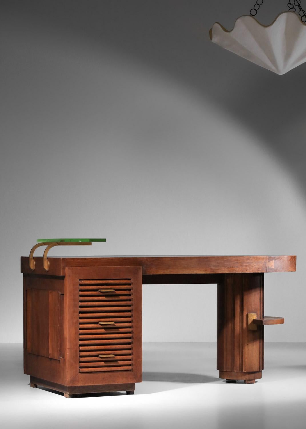 Laiton Bureau Charles Dudouyt en chêne massif art déco des années 1930