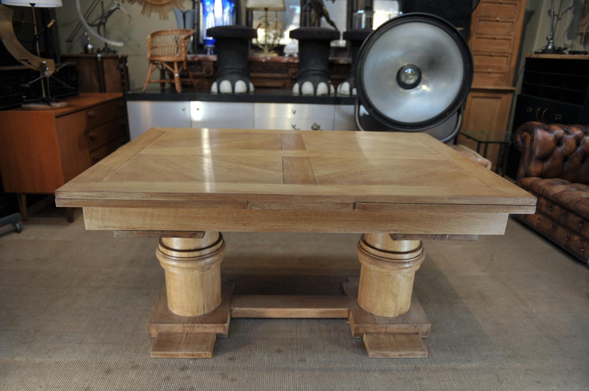 Art Deco Charles Dudouyt Dining Oak Table with Extensions, circa 1930 For Sale