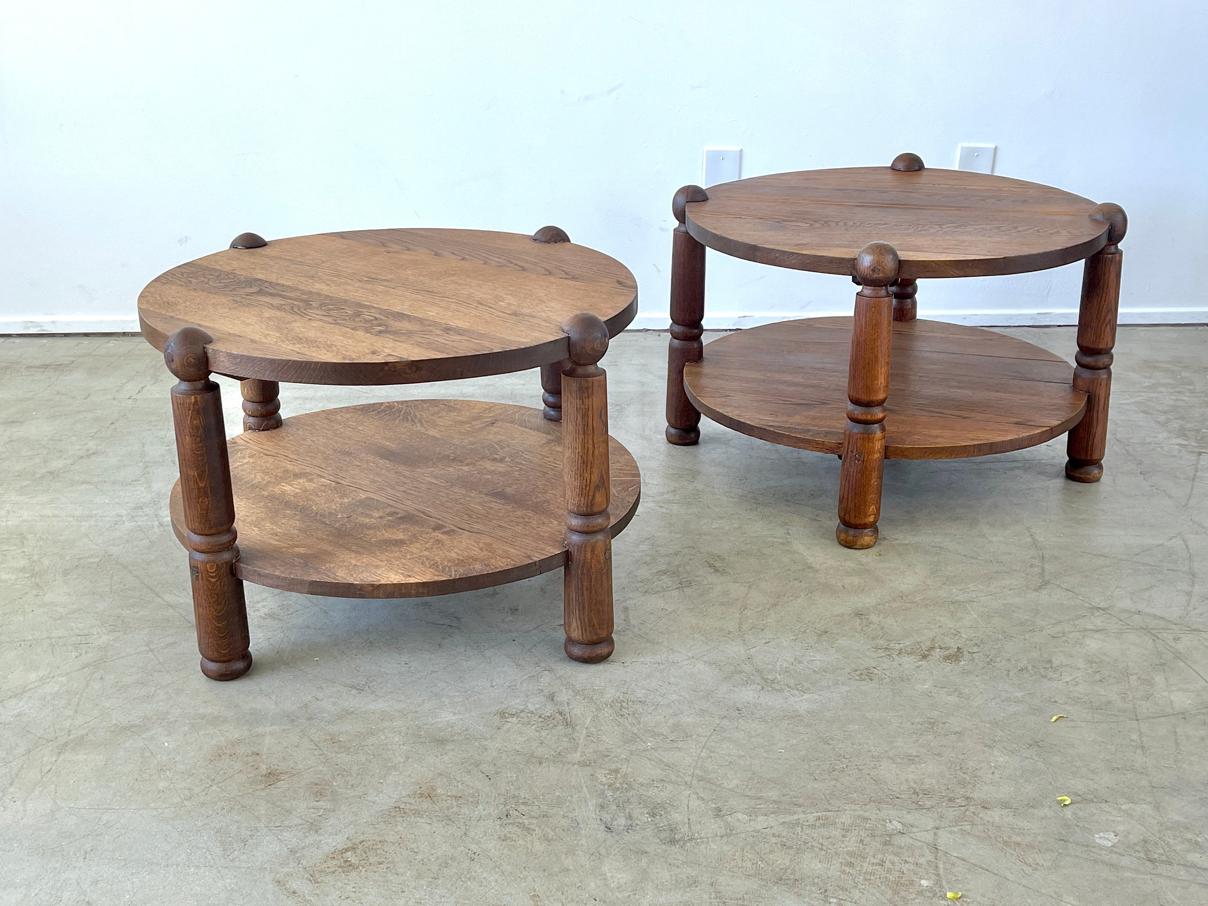 Charles Dudouyt end table with 2 tiers and signature carved legs 
Wonderful patina to wood. 
Rare pair - priced individually. 