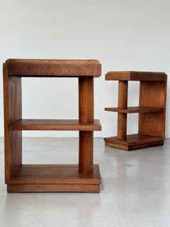Charles Dudouyt era, two oak side tables, terrazzo top, French modernist 1940s