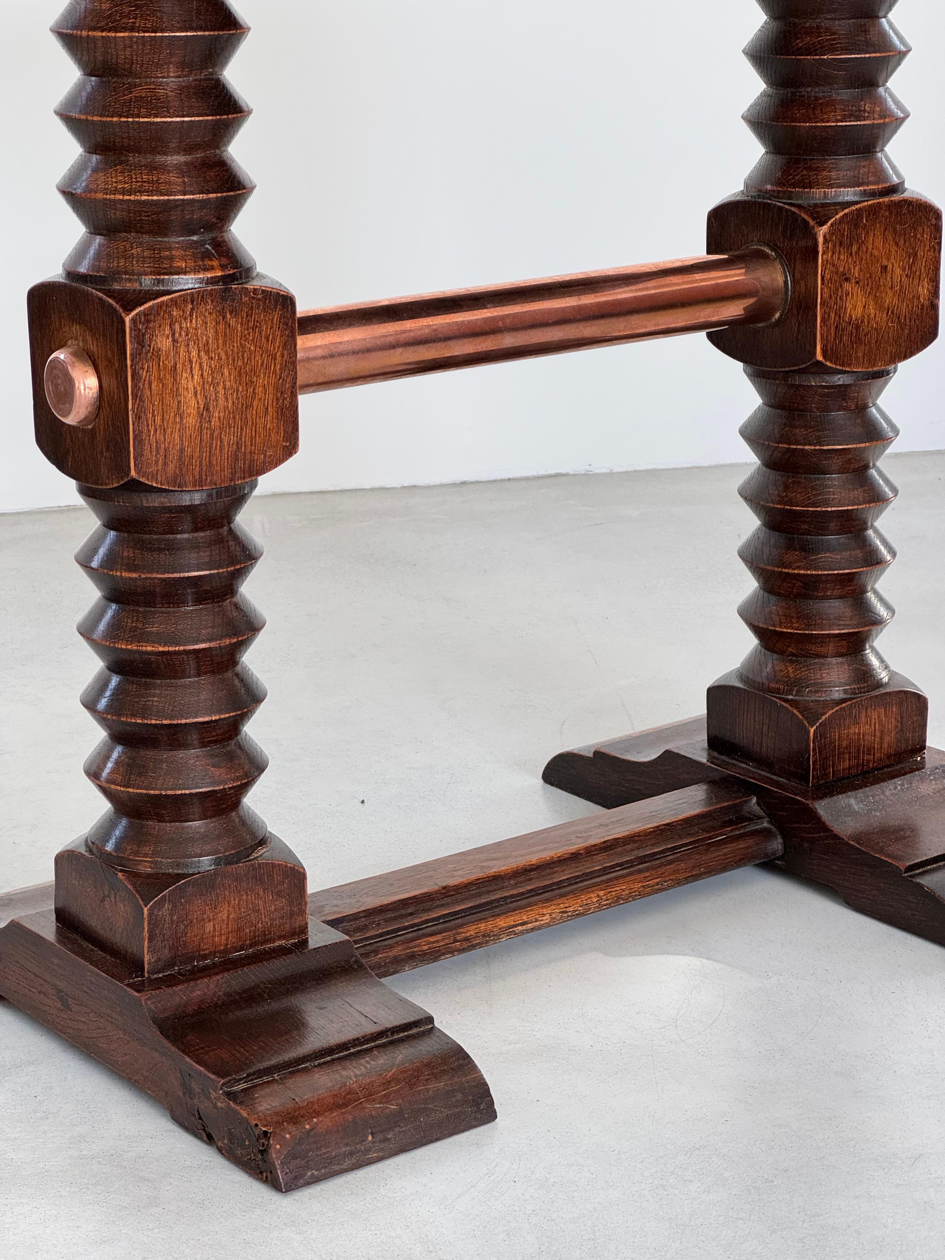 Charles Dudouyt exceptional solid oak side table & copper crosspiece, circa 1940 For Sale 3