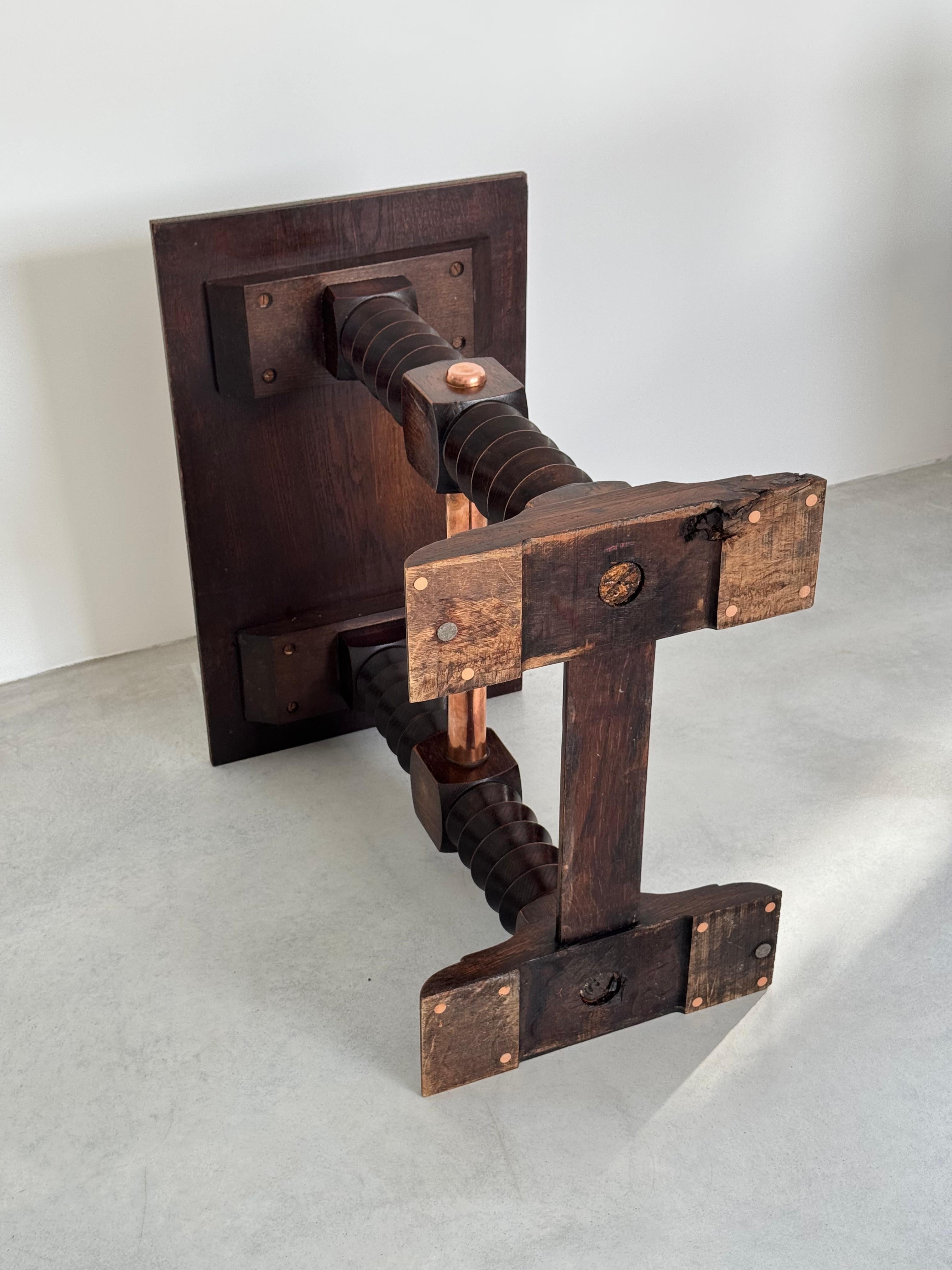 Charles Dudouyt exceptional solid oak side table & copper crosspiece, circa 1940 For Sale 7