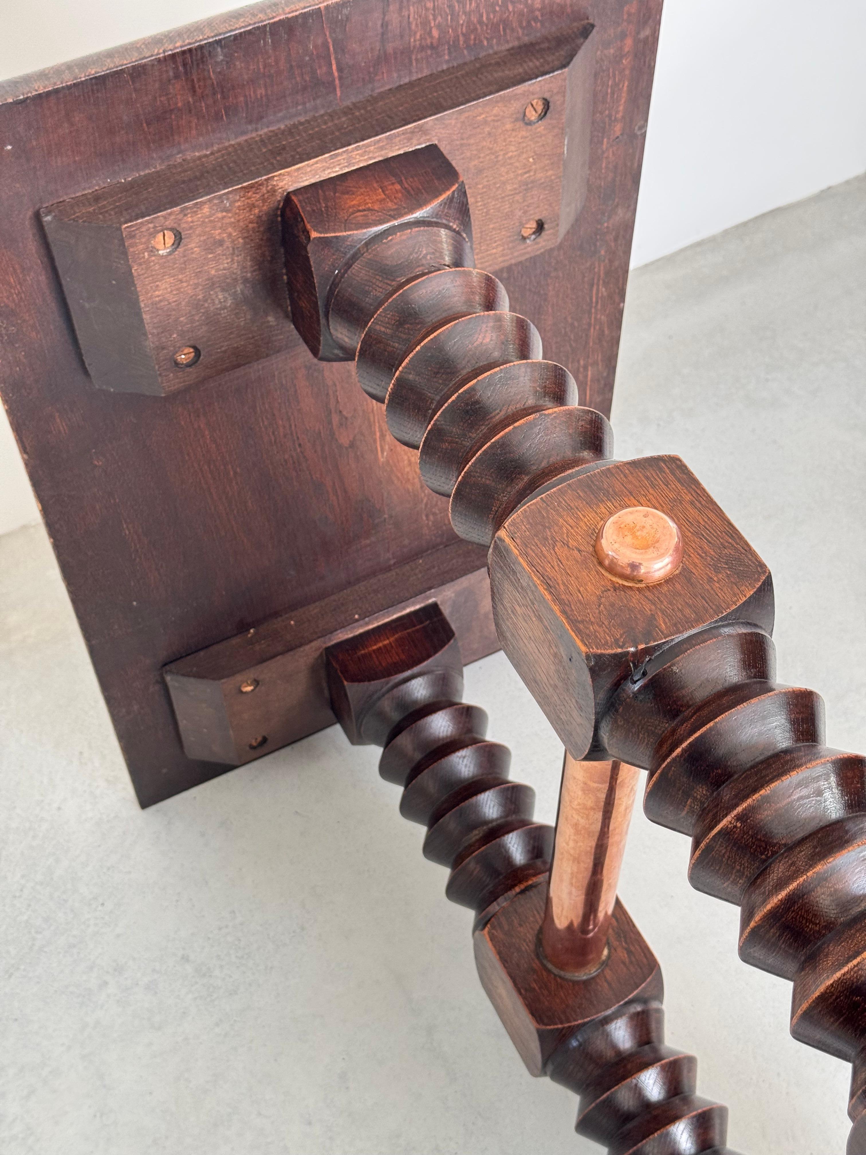 Charles Dudouyt exceptional solid oak side table & copper crosspiece, circa 1940 For Sale 8