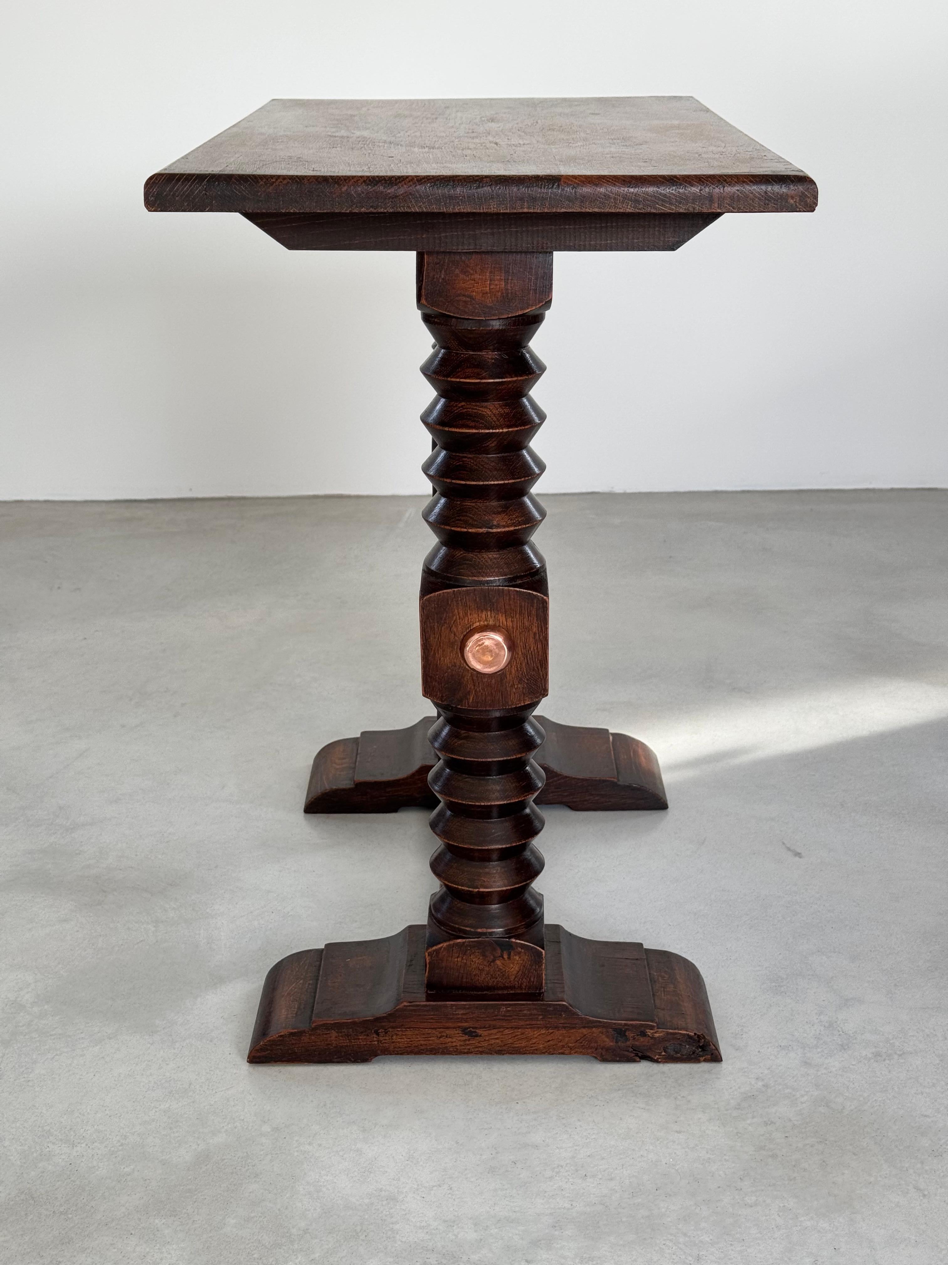 Charles Dudouyt exceptional solid oak side table & copper crosspiece, circa 1940 For Sale 9