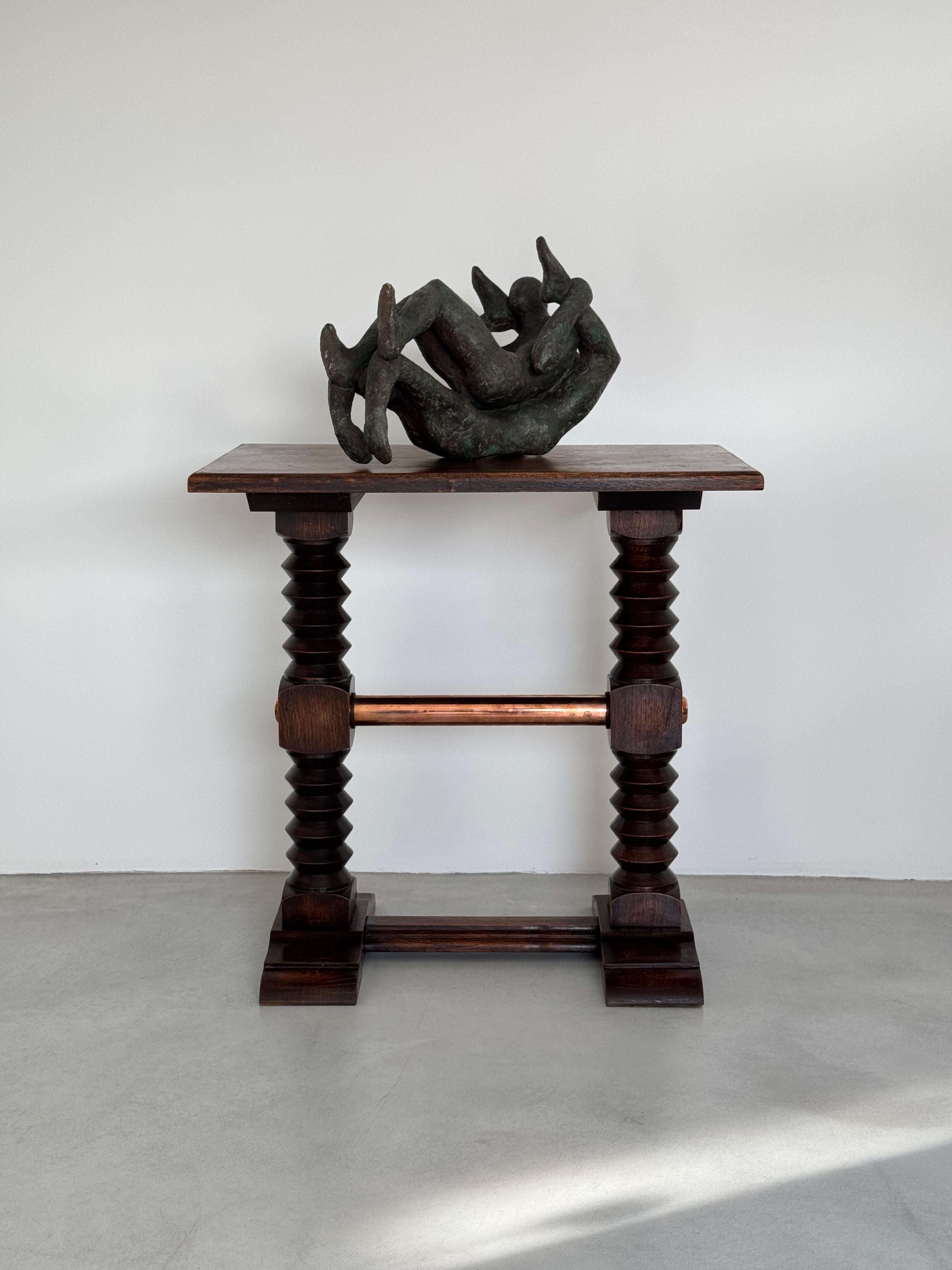 Charles Dudouyt exceptional solid oak side table & copper crosspiece, circa 1940 For Sale 12