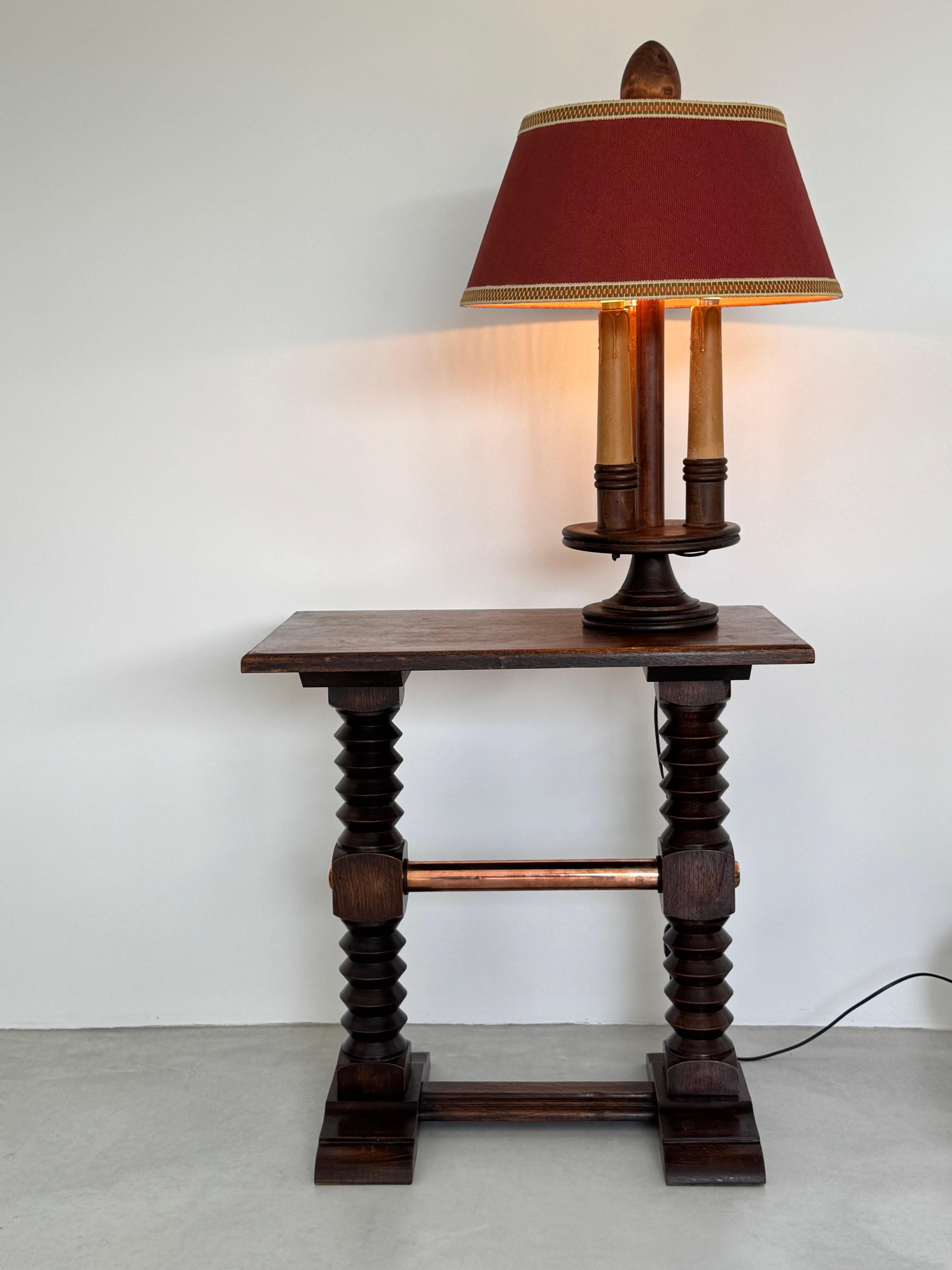 Charles Dudouyt exceptional solid oak side table & copper crosspiece, circa 1940 For Sale 13