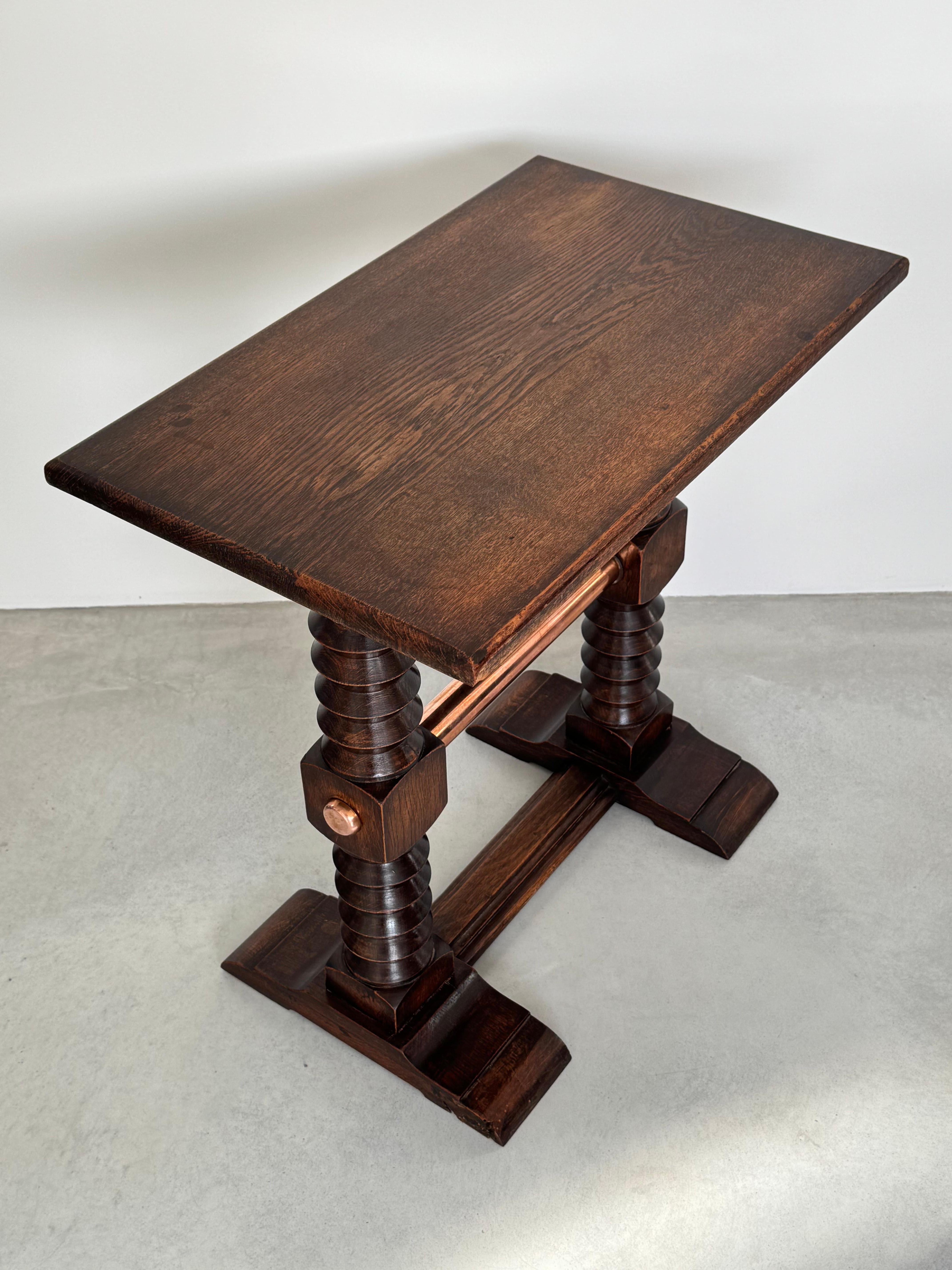 French Charles Dudouyt exceptional solid oak side table & copper crosspiece, circa 1940 For Sale