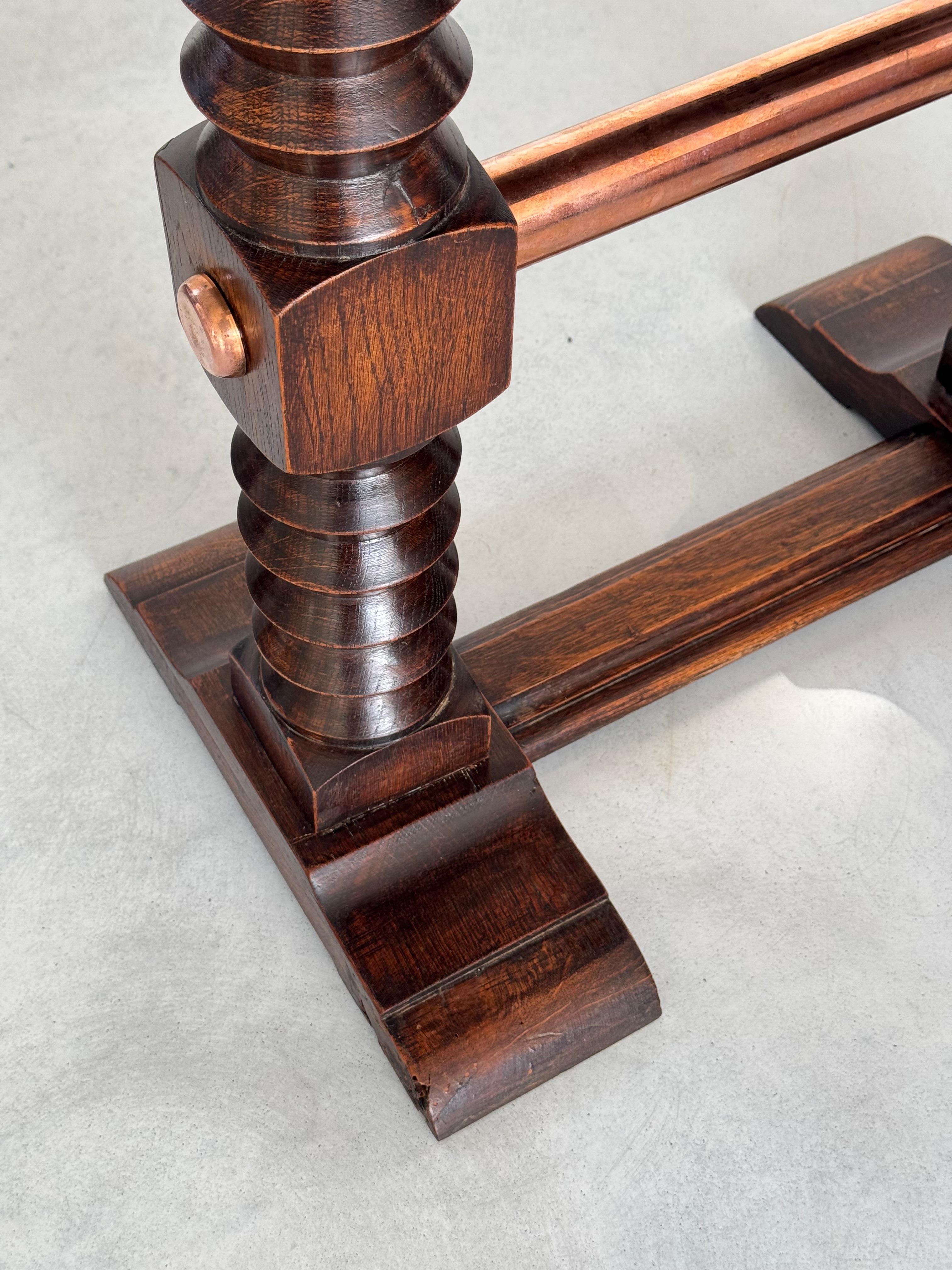 Mid-20th Century Charles Dudouyt exceptional solid oak side table & copper crosspiece, circa 1940 For Sale