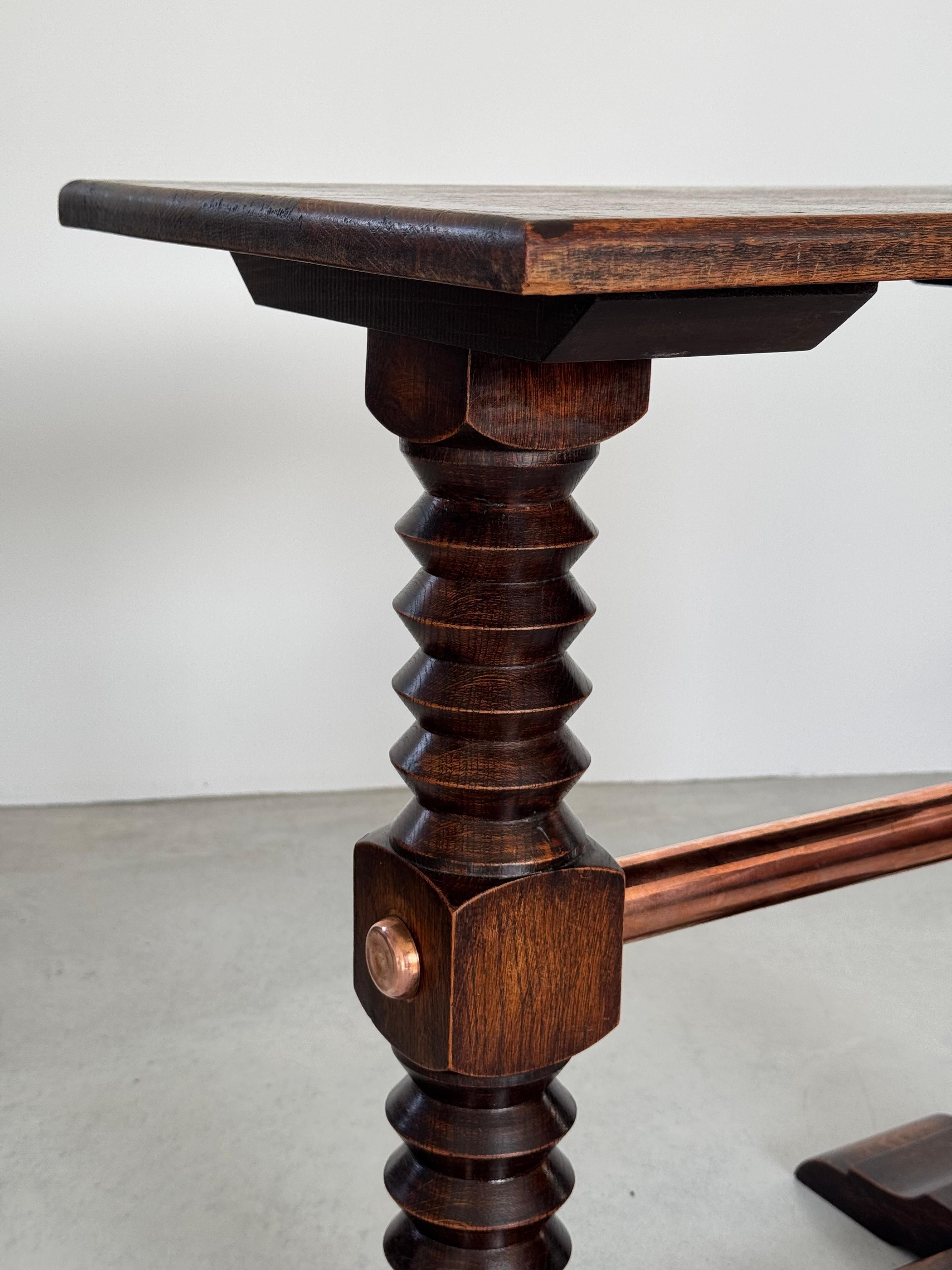 Charles Dudouyt exceptional solid oak side table & copper crosspiece, circa 1940 For Sale 1