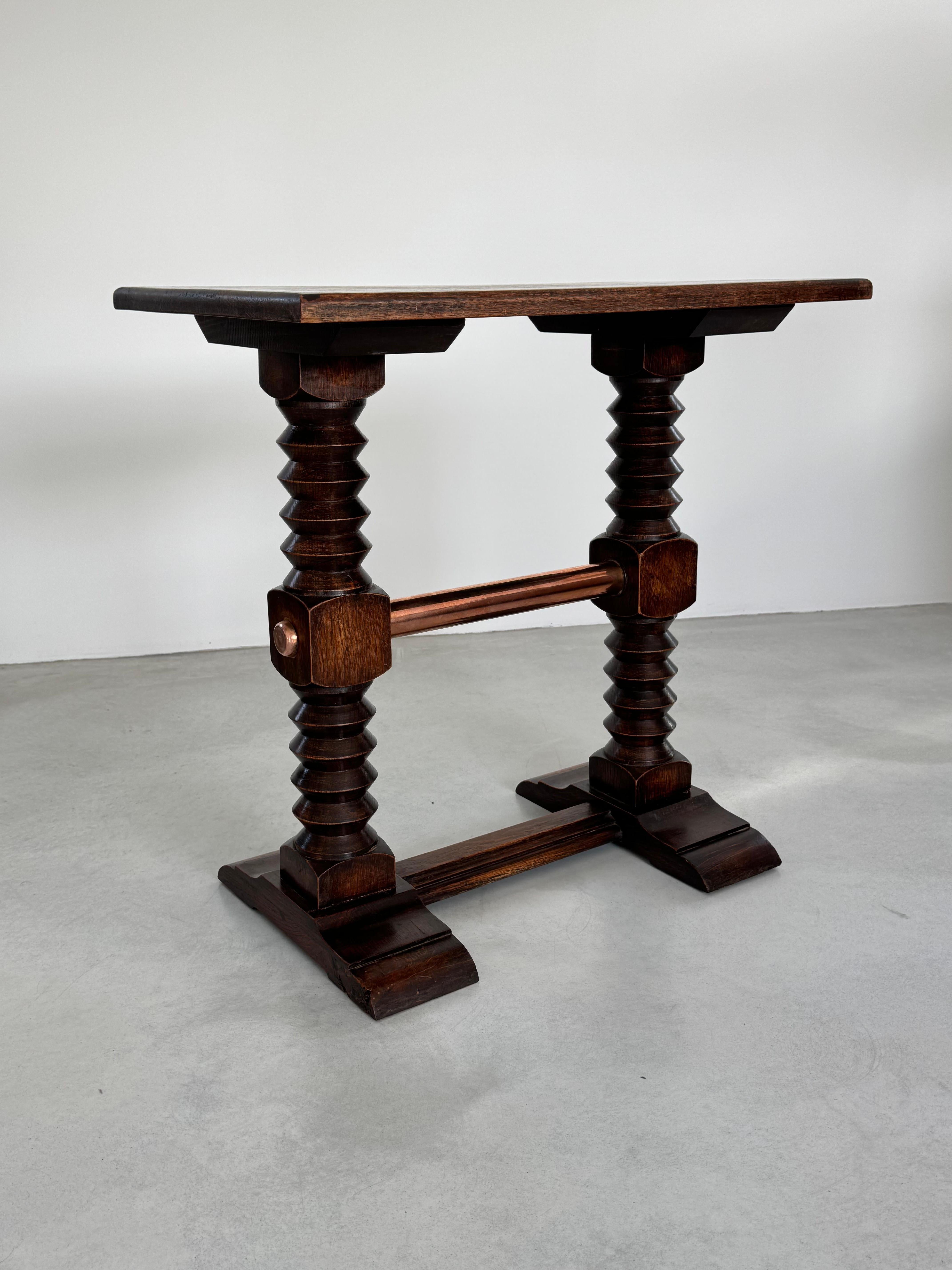 Charles Dudouyt exceptional solid oak side table & copper crosspiece, circa 1940 For Sale 2
