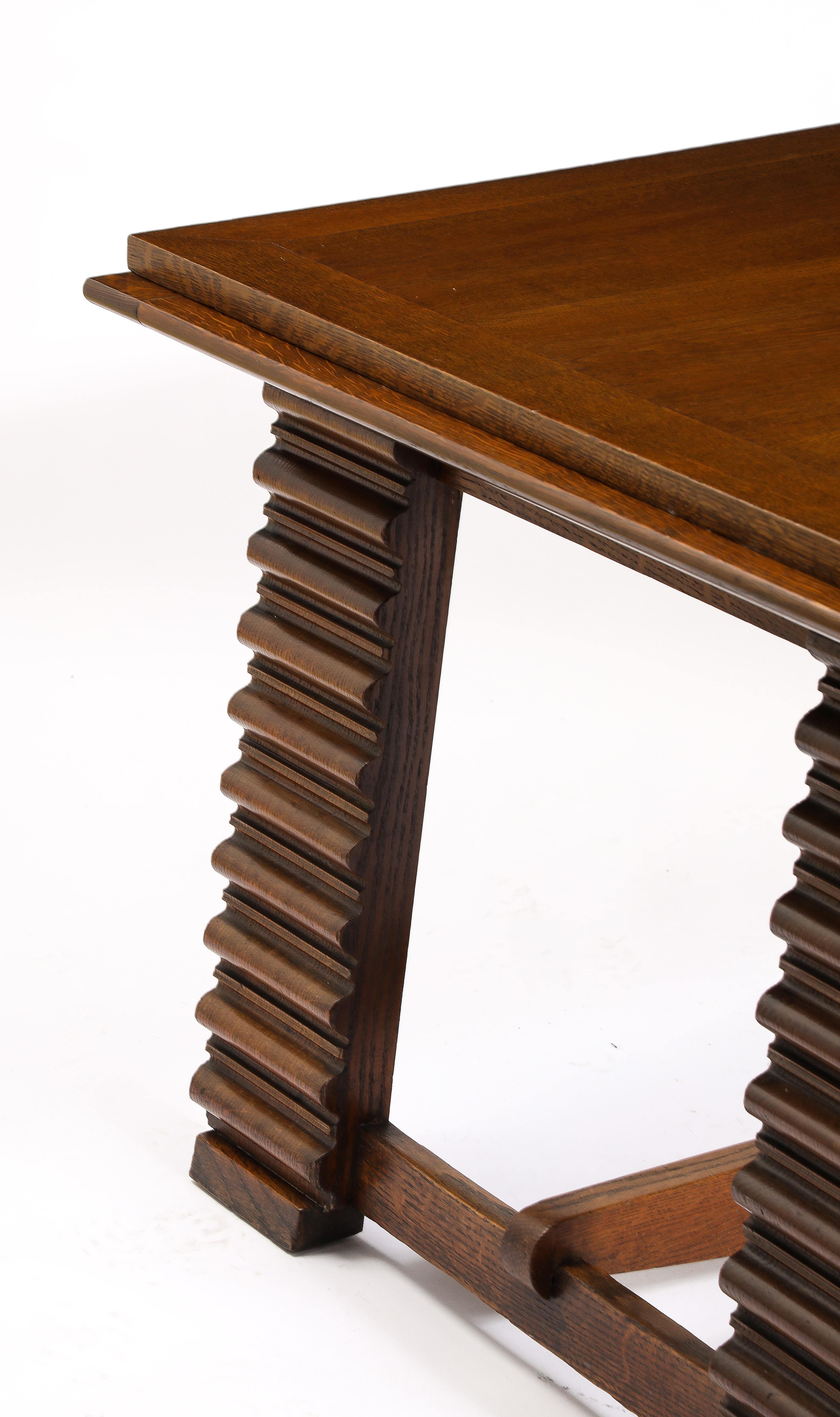 Hand-Carved Charles Dudouyt Expandable Oak Center Table, France 1940's For Sale